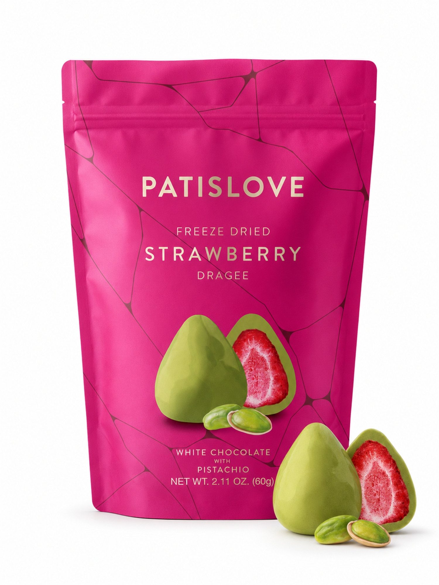 PATISLOVE Schokolade Erdbeer-Dragees mit Pistazie, weißer Überzug, 60 g, 1 x 60 g, mit gefriergetrockneter Erdbeere, mit Pistazie
