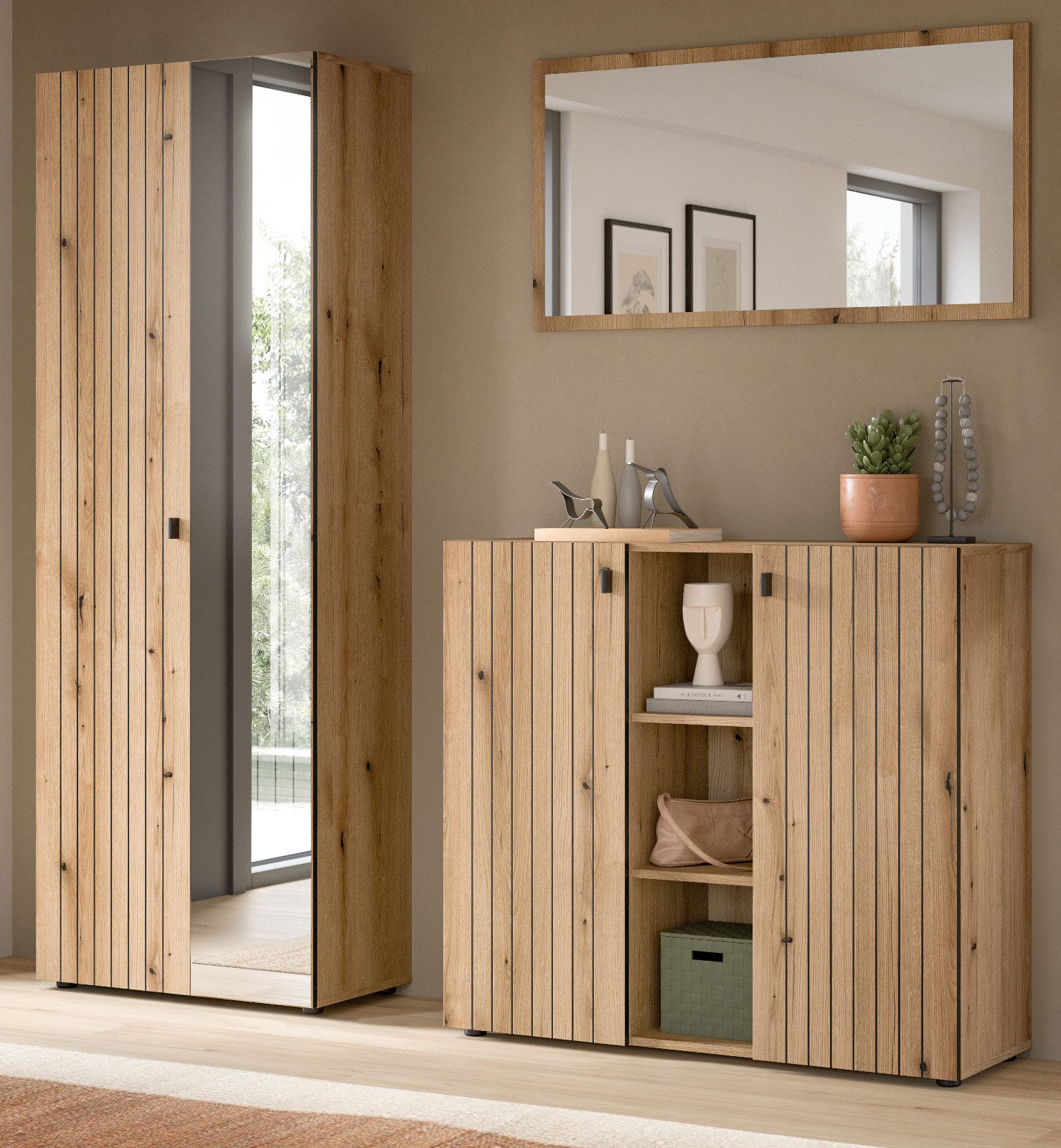 Inn.Furn Garderoben-Set Loreno, (Flurgarderobe in Evoke Eiche mit gefrästen Rillen, 3-St., 190 x 192 cm), variable Inneneinteilung