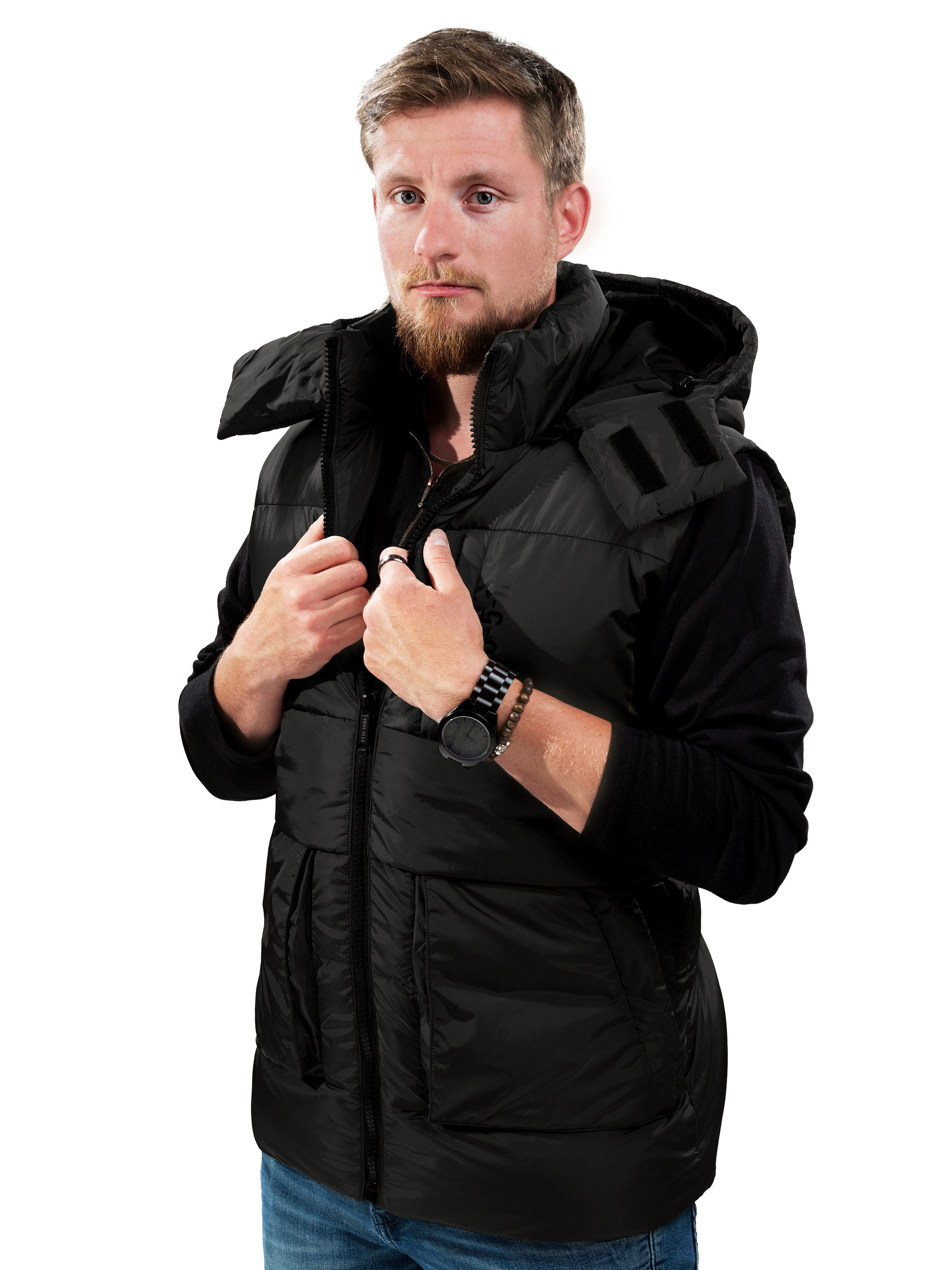 Poolman Steppweste Herren-Steppweste mit abnehmbarer Kapuze in Unifarbe, mit Stehkragen