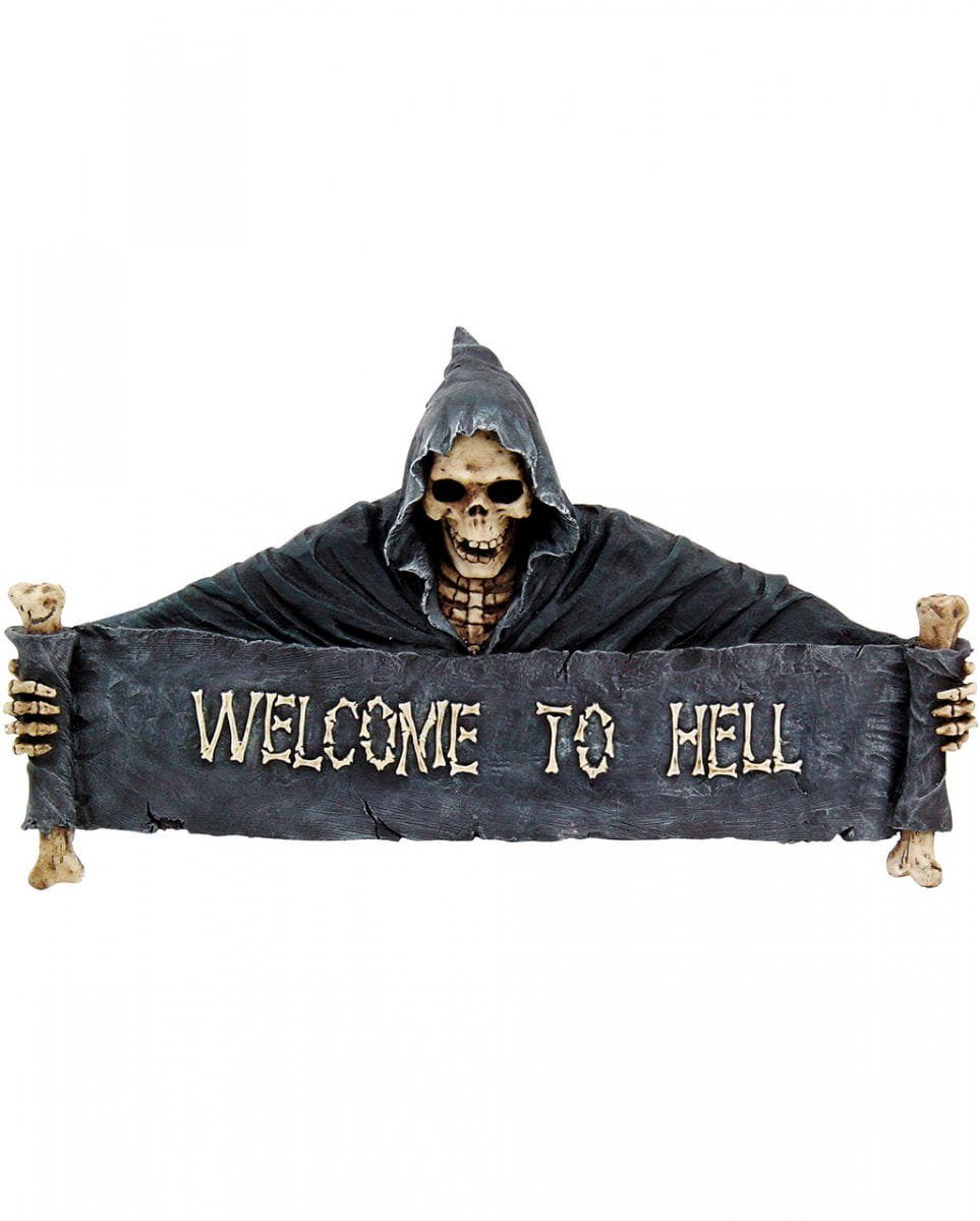Horror-Shop Dekofigur Skelett Türschild Welcome to Hell aus Kunststein f