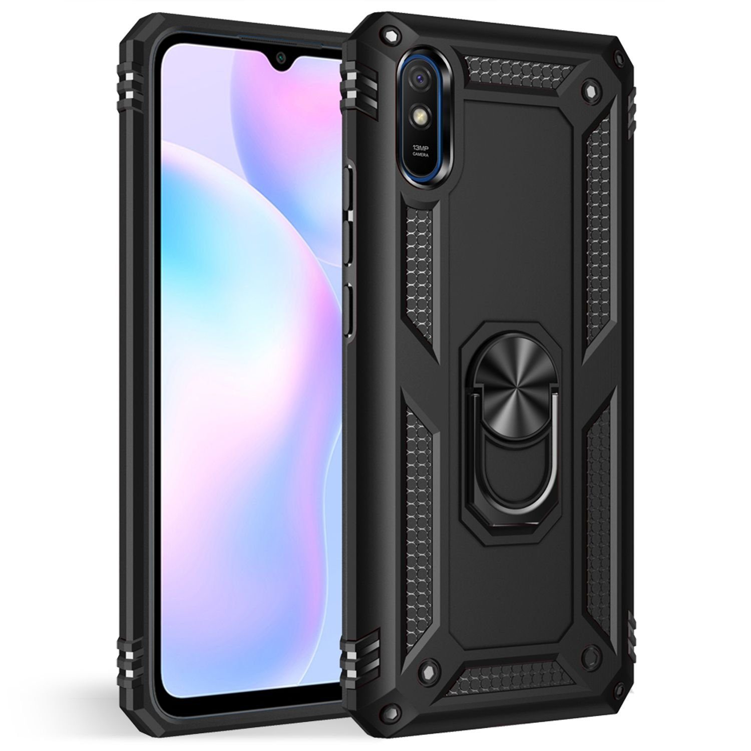 Nalia Smartphone-Hülle Xiaomi Redmi 9A, Outdoor Military Style Hülle mit Ring / Extrem Schützend / Panzer Case