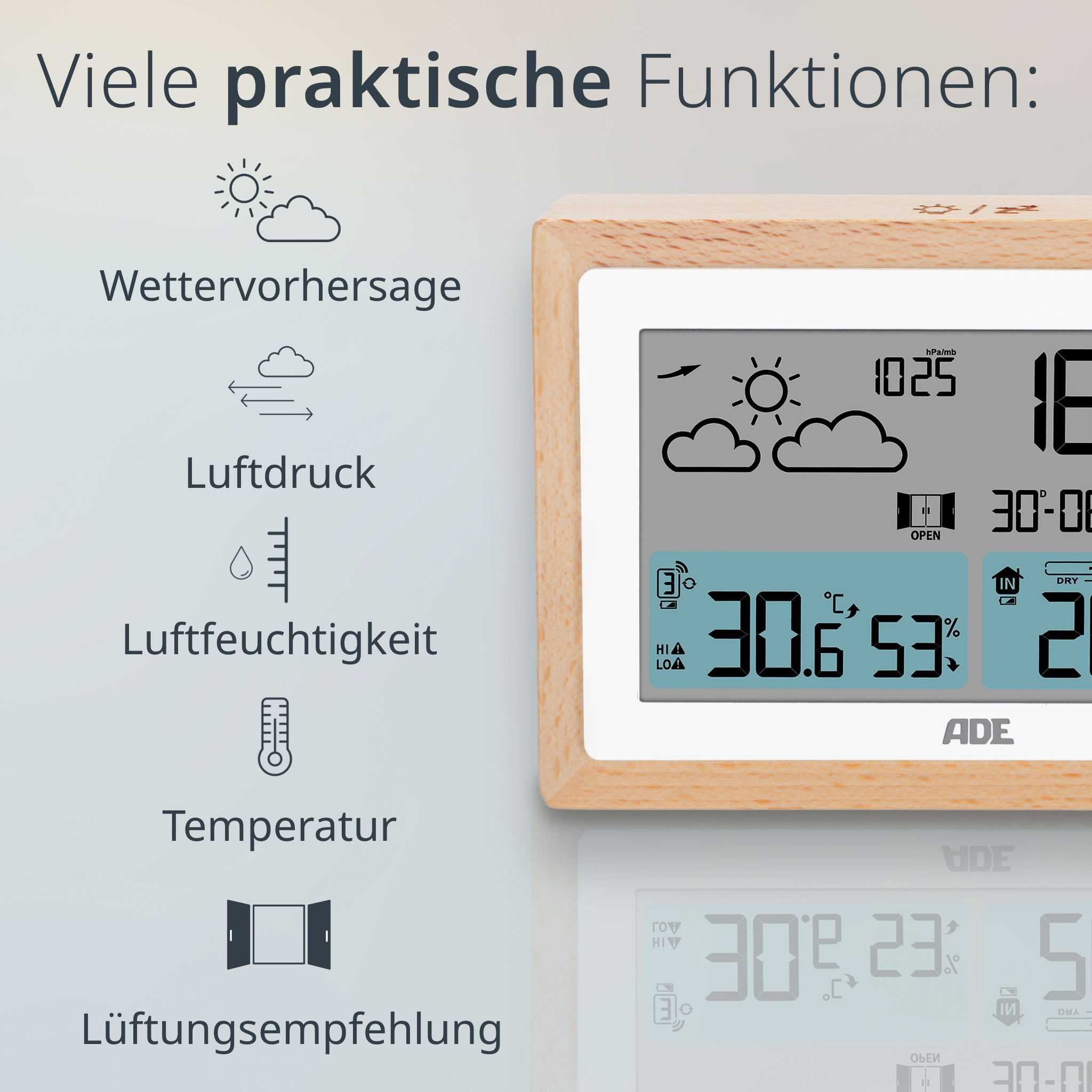 ADE Wetterstation mit Außensensor und Netzteil Funkwetterstation (Außensensor, Netzkabel, Wettervorhersage, Funkwecker, Kalender, Lüftungsempfehlung)