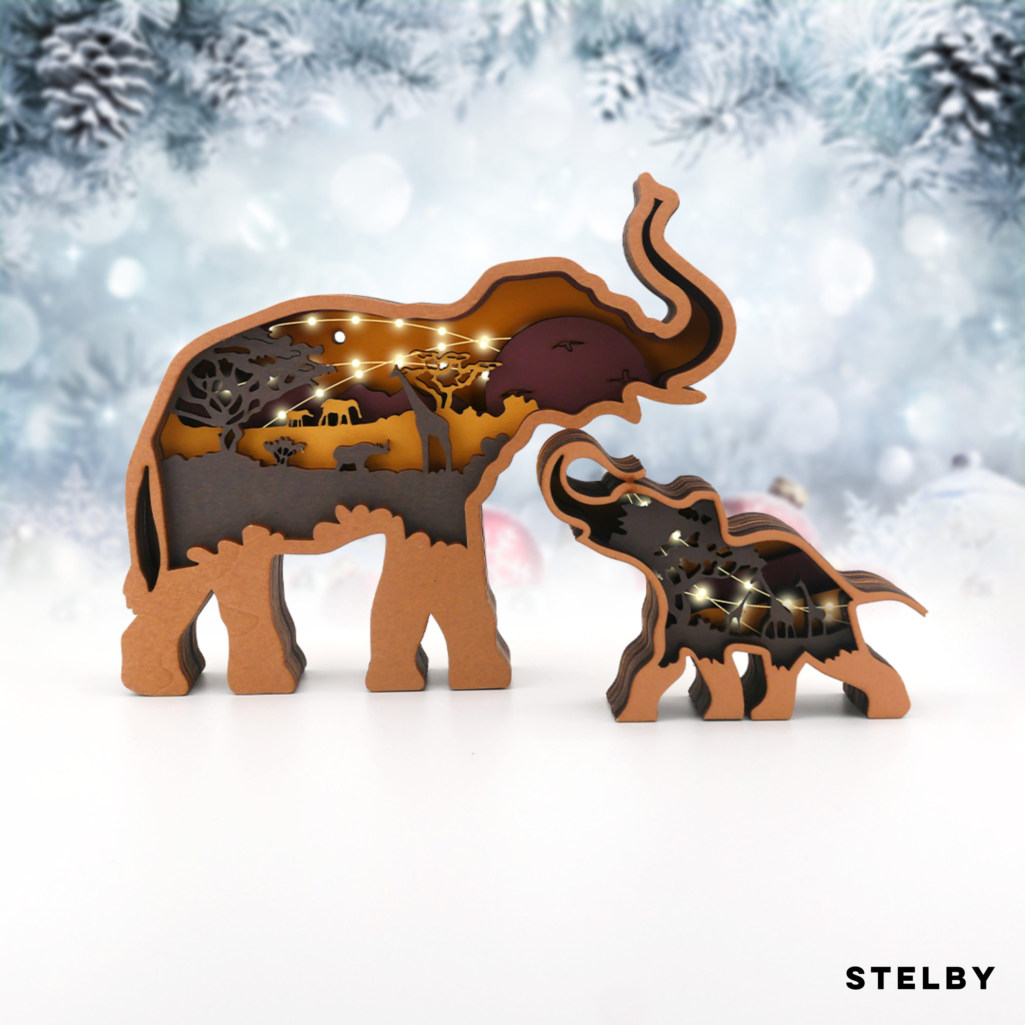 Stelby Dekofigur Tischdekoration Elefant Holzmodell LED mit Lichtern (2er-S günstig online kaufen