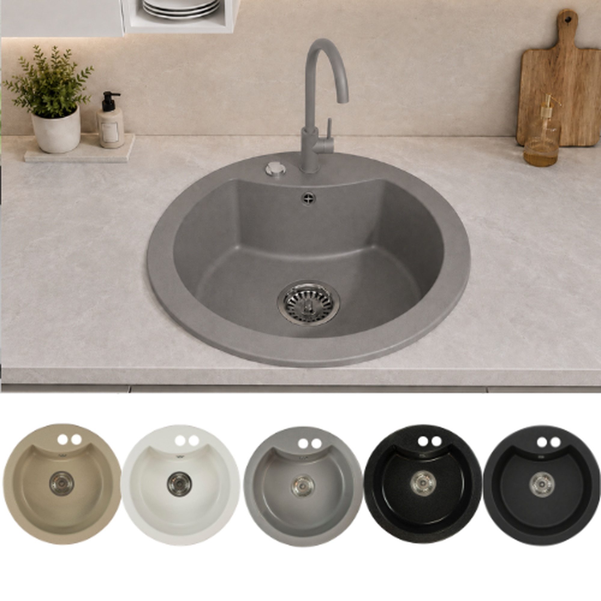Faizee Möbel Granitspüle Faizee Home Granitspüle Alisha 75x43,5 cm Set mit Armatur & Siphon, Rund