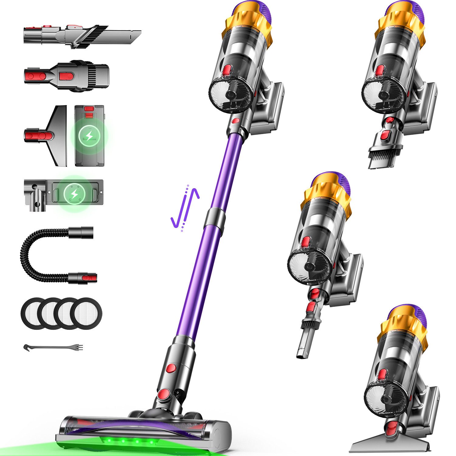 Hiazurm Akku-Hand-und Stielstaubsauger Akku Staubsauger kabellos,78KPa Kabelloser Staubsauger, Laufzeit,6 in 1 Akkustaubsauger Tierhaare für Hartholzböden Teppich