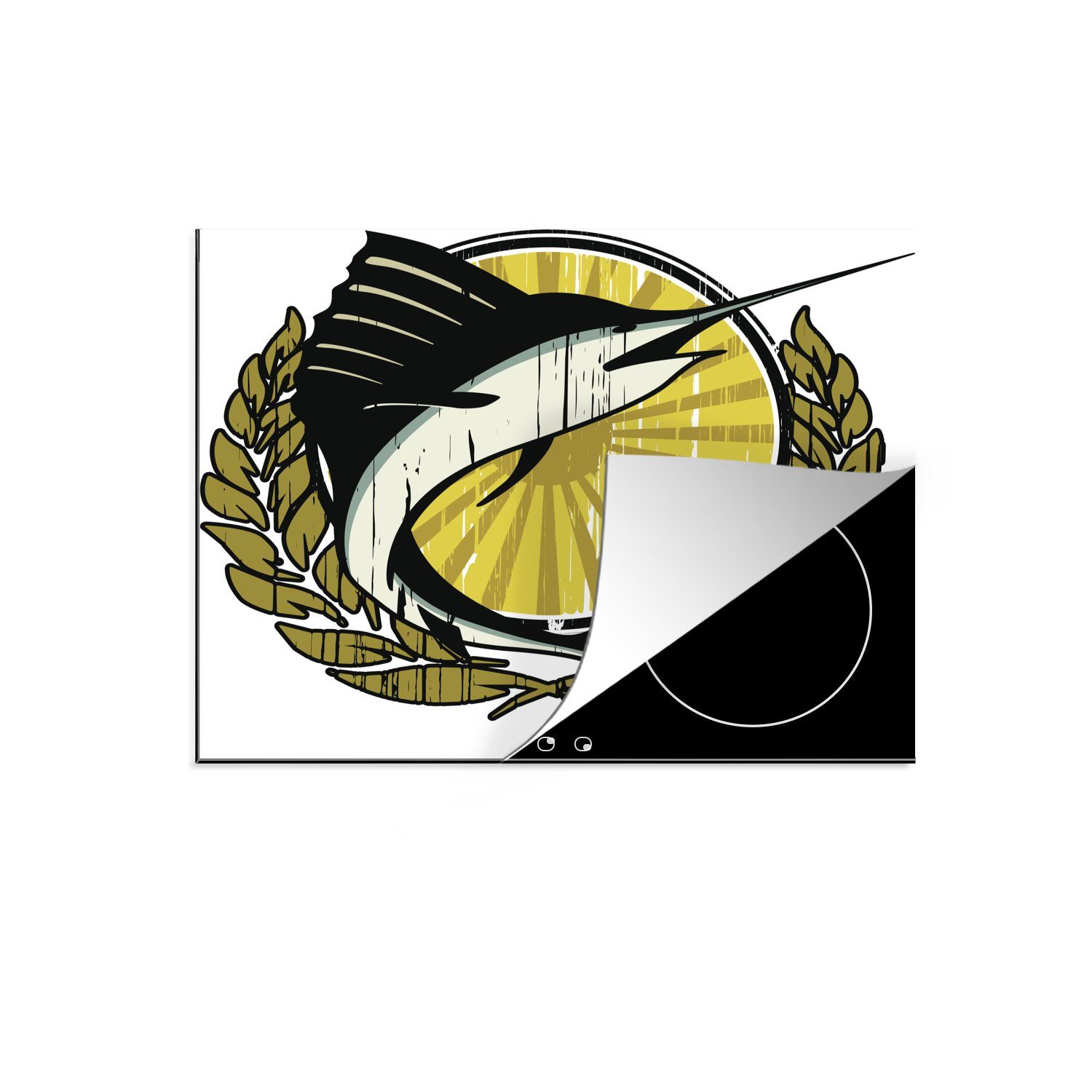 MuchoWow Herdblende-/Abdeckplatte Eine Illustration eines schwarzen Schwertfischs auf gelbem Hintergrund, Vinyl, (1 tlg), 57x51 cm, Induktionsschutz, Induktionskochfeld, Ceranfeldabdeckung