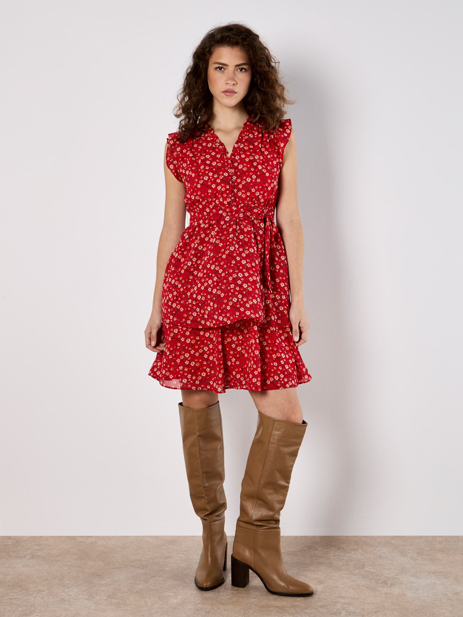 Apricot Druckkleid Geblümtes Kleid (2-tlg) mit Bindegürtel günstig online kaufen