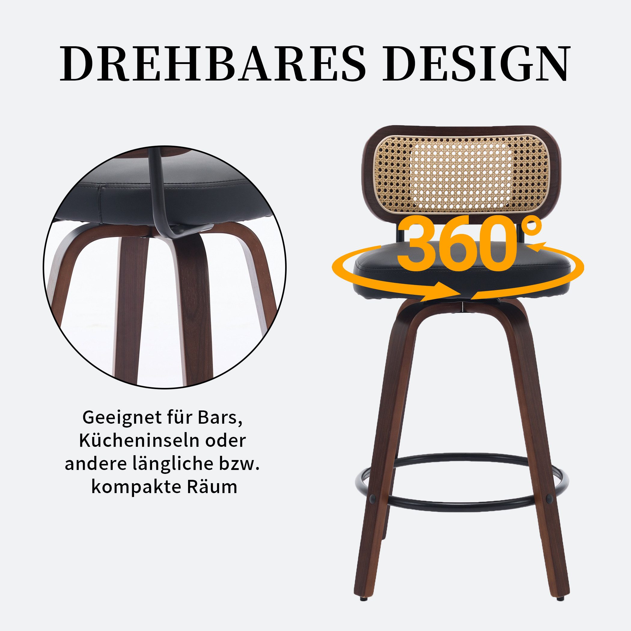 SeedWave Barhocker Barstuhl-Set mit Rattan Lehne, PU-Leder Drehsitz, Walnussholz Beinen (2er Set), schwarzer Metall Ring-Fußstütze, Küchenhocker im Retro Industriestil