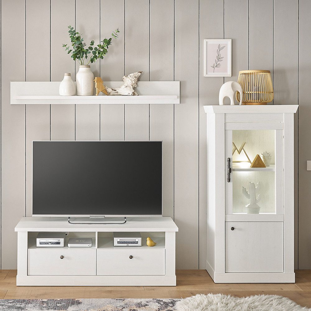 Lomadox Wohnwand RAPLA-61, (3-St., Wandboard Lowboard Vitrine halbhoch), mit LED-Beleuchtung, Pinie weiß, Landhaus Stil