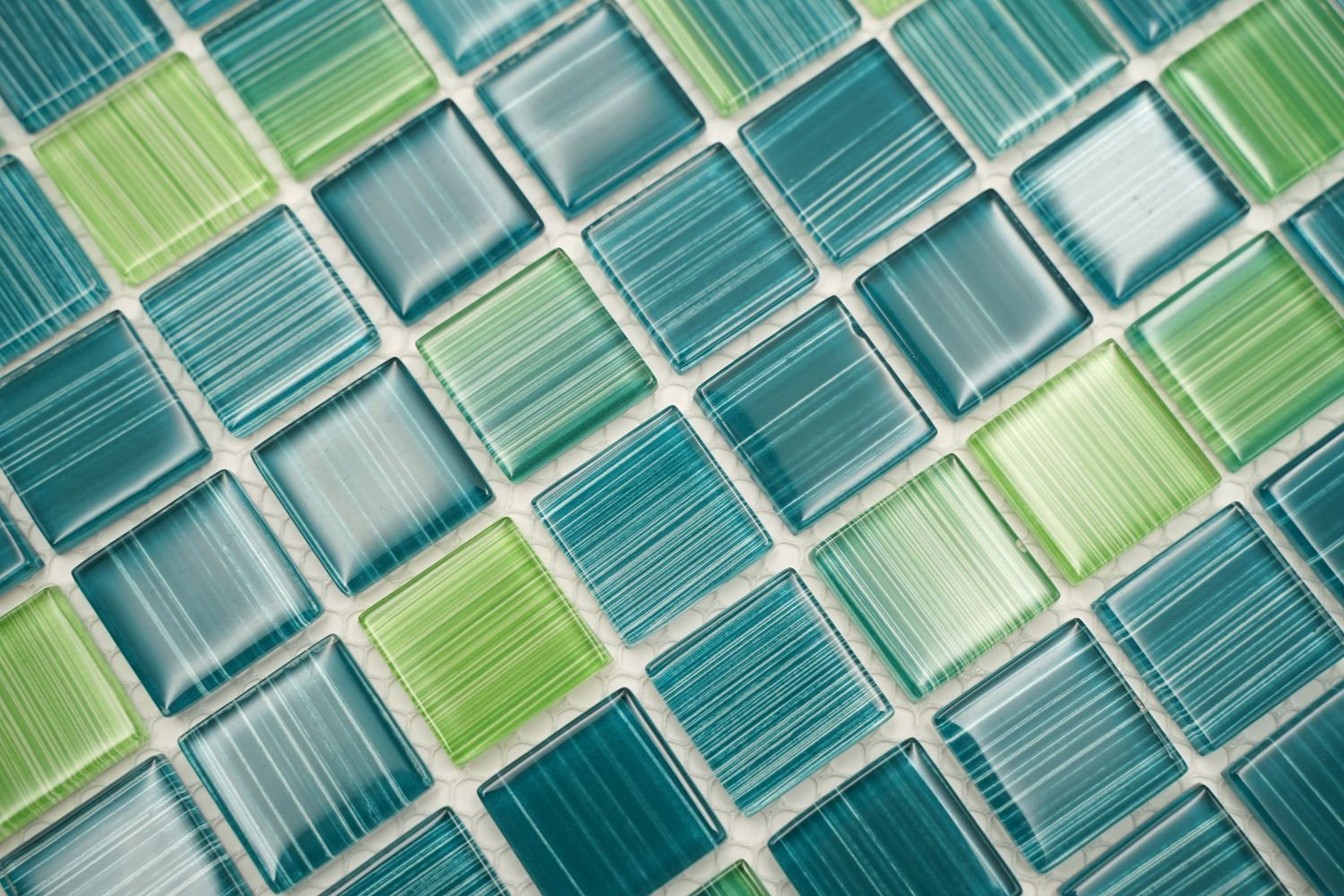 Mosaikfliesen Mosani grün Schwimmbadmosaik türkis gelb Strich Mosaikfliesen Glasmosaik