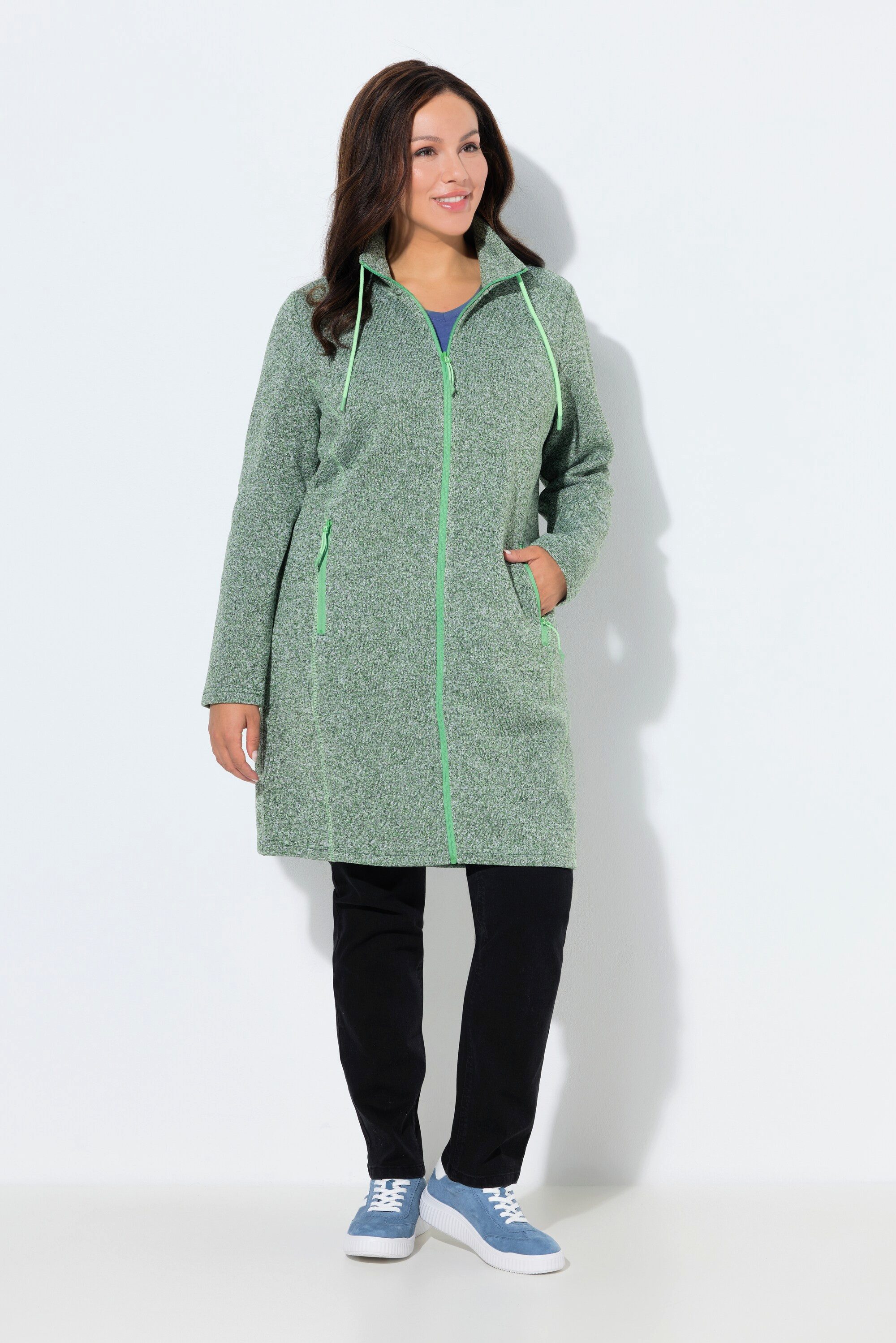Sweatjacke Strickfleecejacke Stehkragen lang Zipptaschen