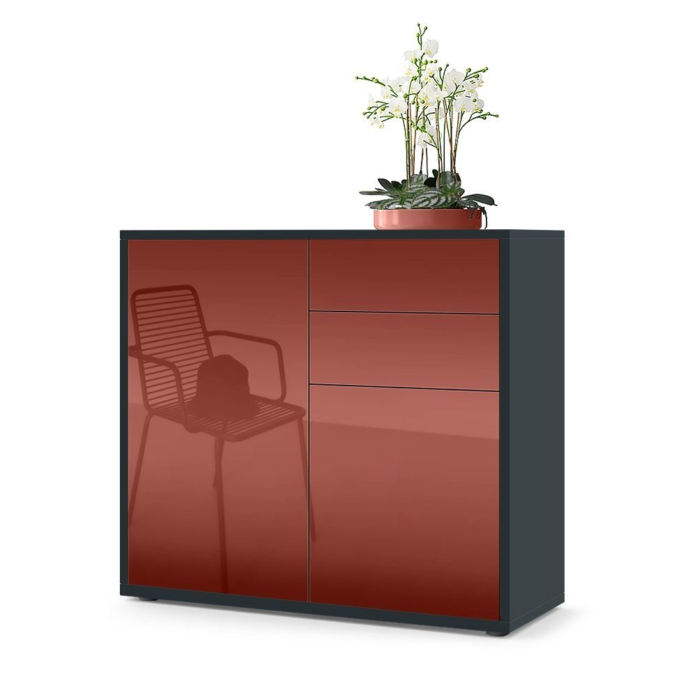 Vladon Kommode Ben V1 (Kommode, mit 2 Двери und 2 Schubladen), Schwarz matt/Bordeaux Hochglanz (79 x 74 x 36 cm)