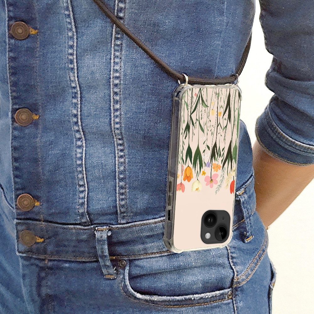 MuchoWow Handyhülle für Apple iPhone 14 Pastelltöne - Blumen - Illustration, Tragbare Handyhüllen mit Kette zum umhängen, Handykette Handyband