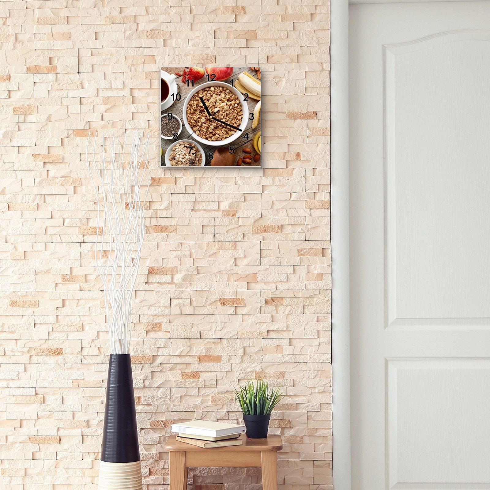 30 30 Wanduhr Hafterflocken Glasuhr Kaffee Primedeco Wandkunst Motiv mit Größe und cm Wanduhr x