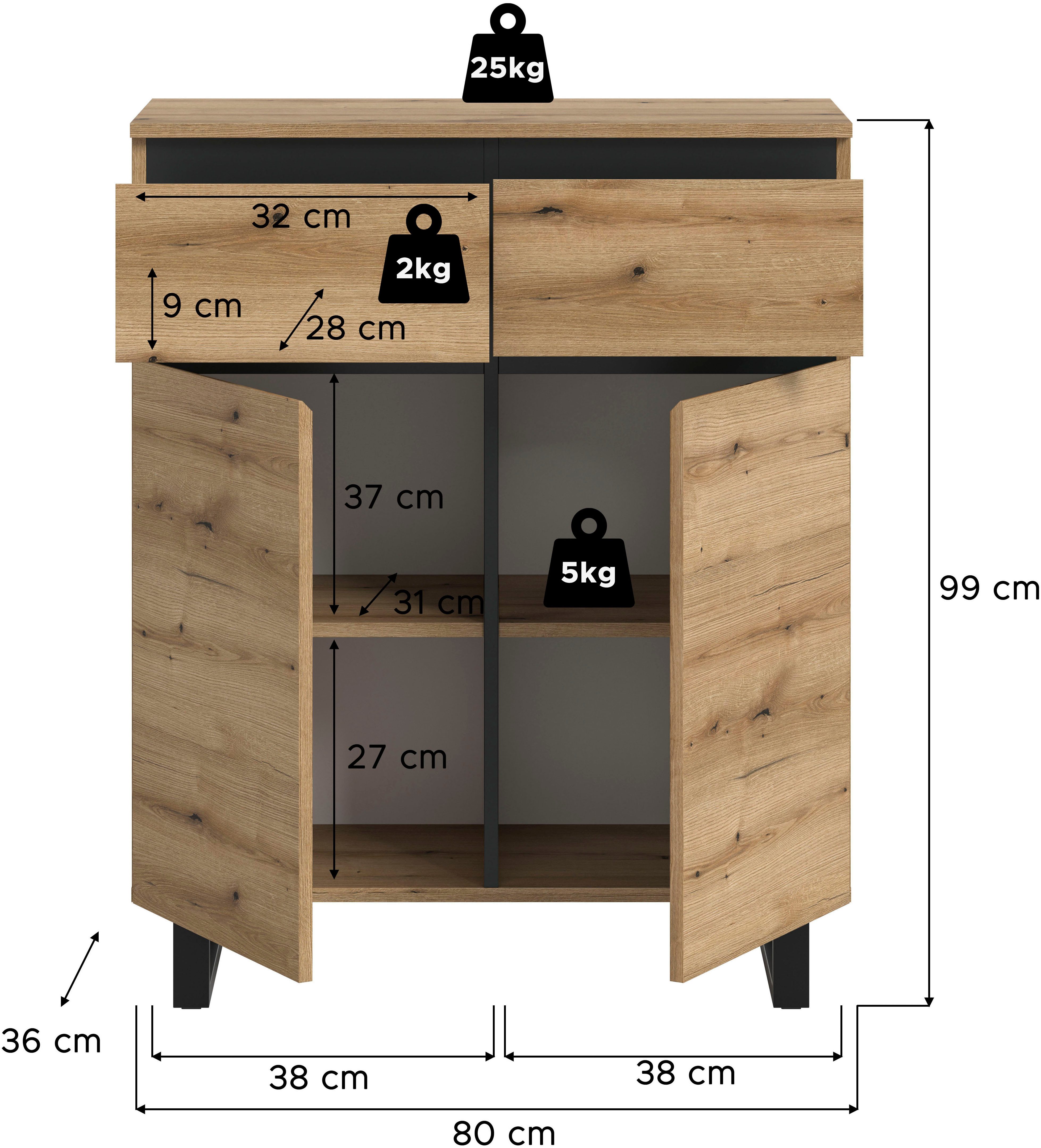 Home affaire Kommode TOMA, Höhe: 99cm, mit Metall-Kufen-Fuß, 2 Türen, 2 Schubkästen, Anrichte, Sideboard, Schrank, Board, Highboard