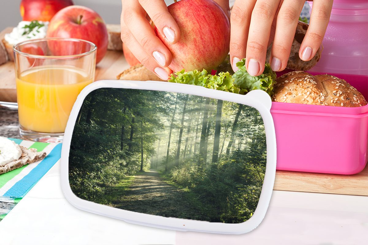 für Weg - - Kunststoff, Natur, Snackbox, Brotbox Kinder, Brotdose Lunchbox (2-tlg), Erwachsene, MuchoWow Bäume rosa - - Wald Sonne - Kunststoff Grün Mädchen,