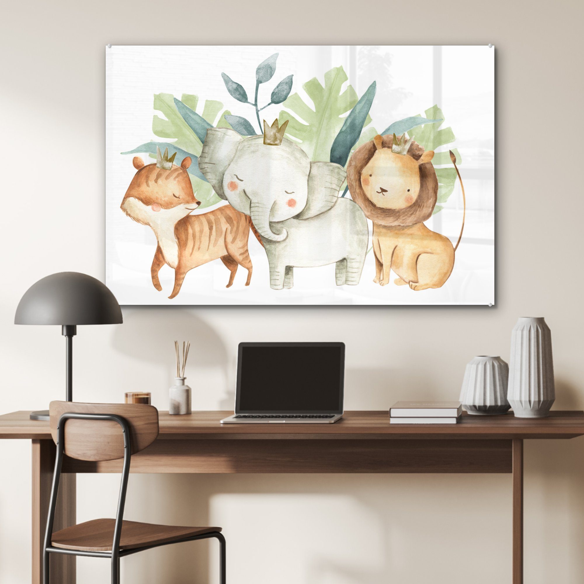Acrylglasbild Elefant - St), - Löwe, Schlafzimmer Fuchs MuchoWow - & Dschungel (1 Acrylglasbilder Wohnzimmer