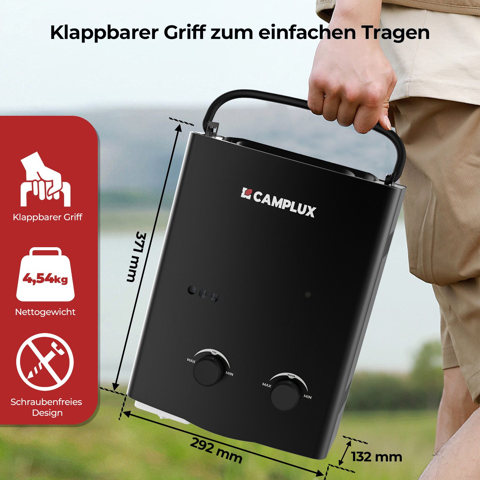 CAMPLUX Durchlauferhitzer 5L Campingdusche AY132BP43-DE Wasserboiler, mit 4,3L Wasserpumpe, min. 10 °C, max. 65 °C, LPG Propan 10 kW Durchlauferhitzer mit 12V Wasserpumpe kit