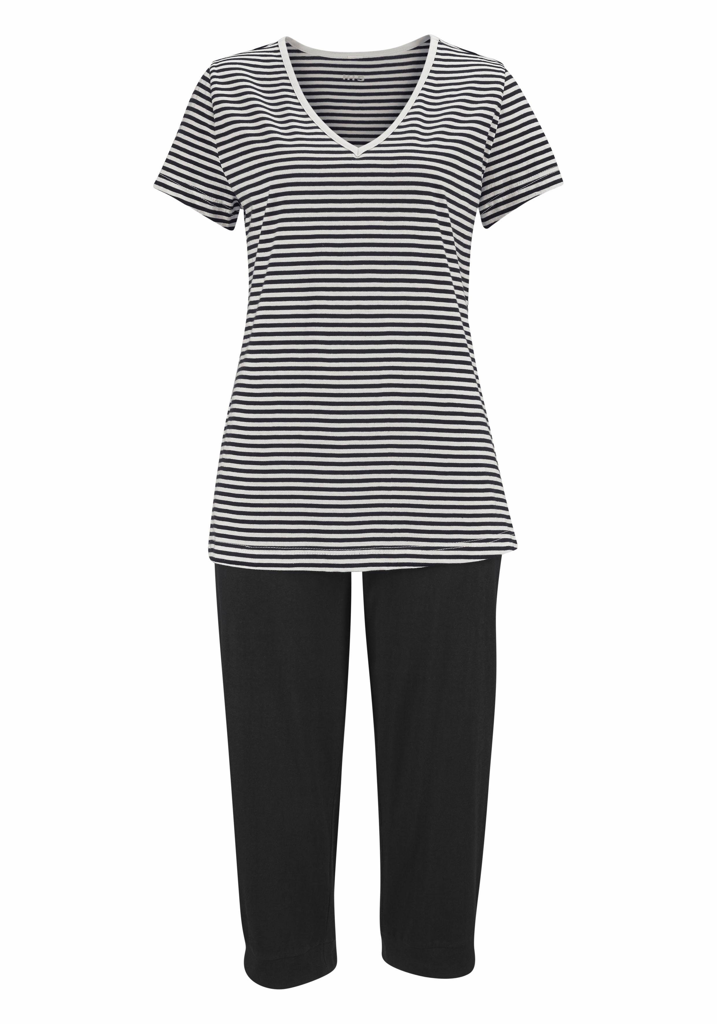 und schwarz-gestreift T-Shirt (2 H.I.S Capri-Pyjama Stück) Hose geringeltem mit legerer 1 tlg.,