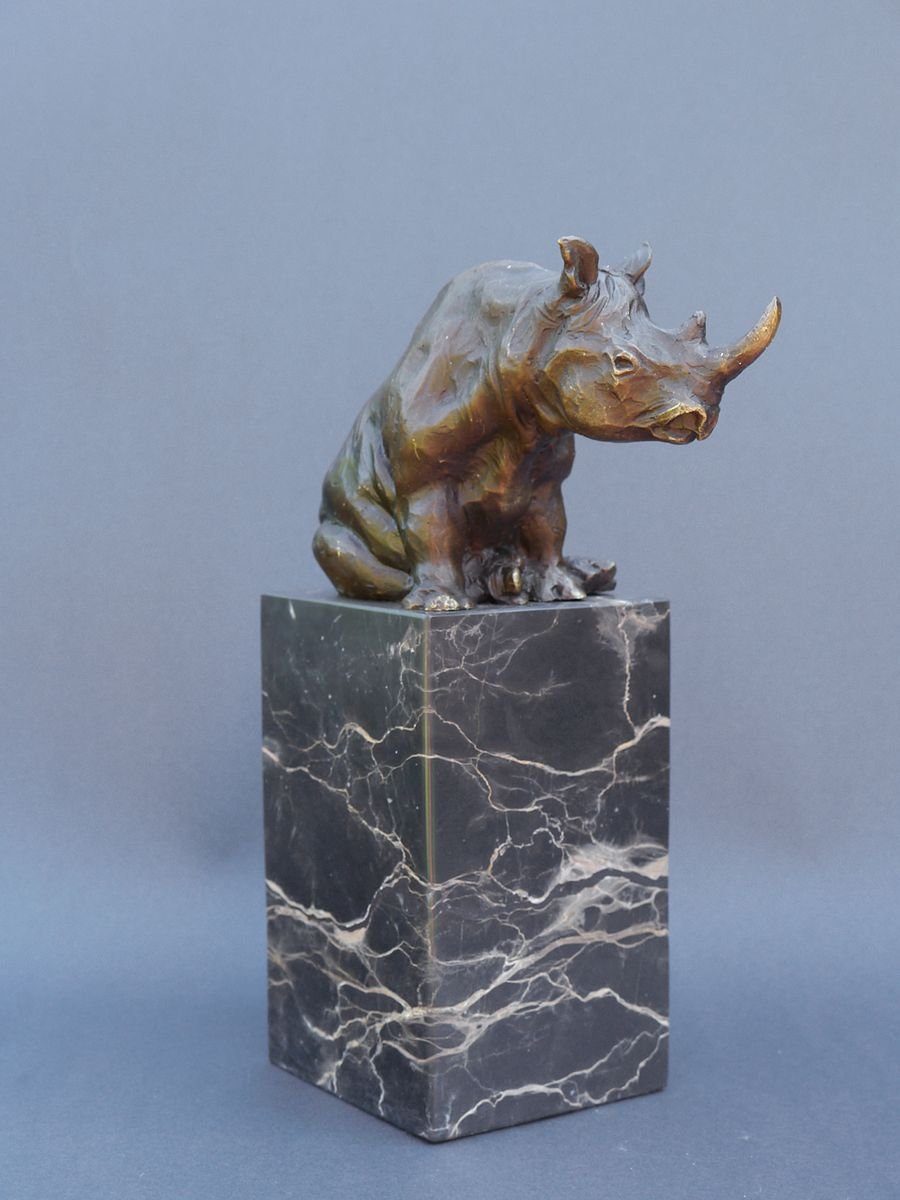 Tierfigur Bronze auf aus edlem AFG Marmorsockel Nashorn Figur
