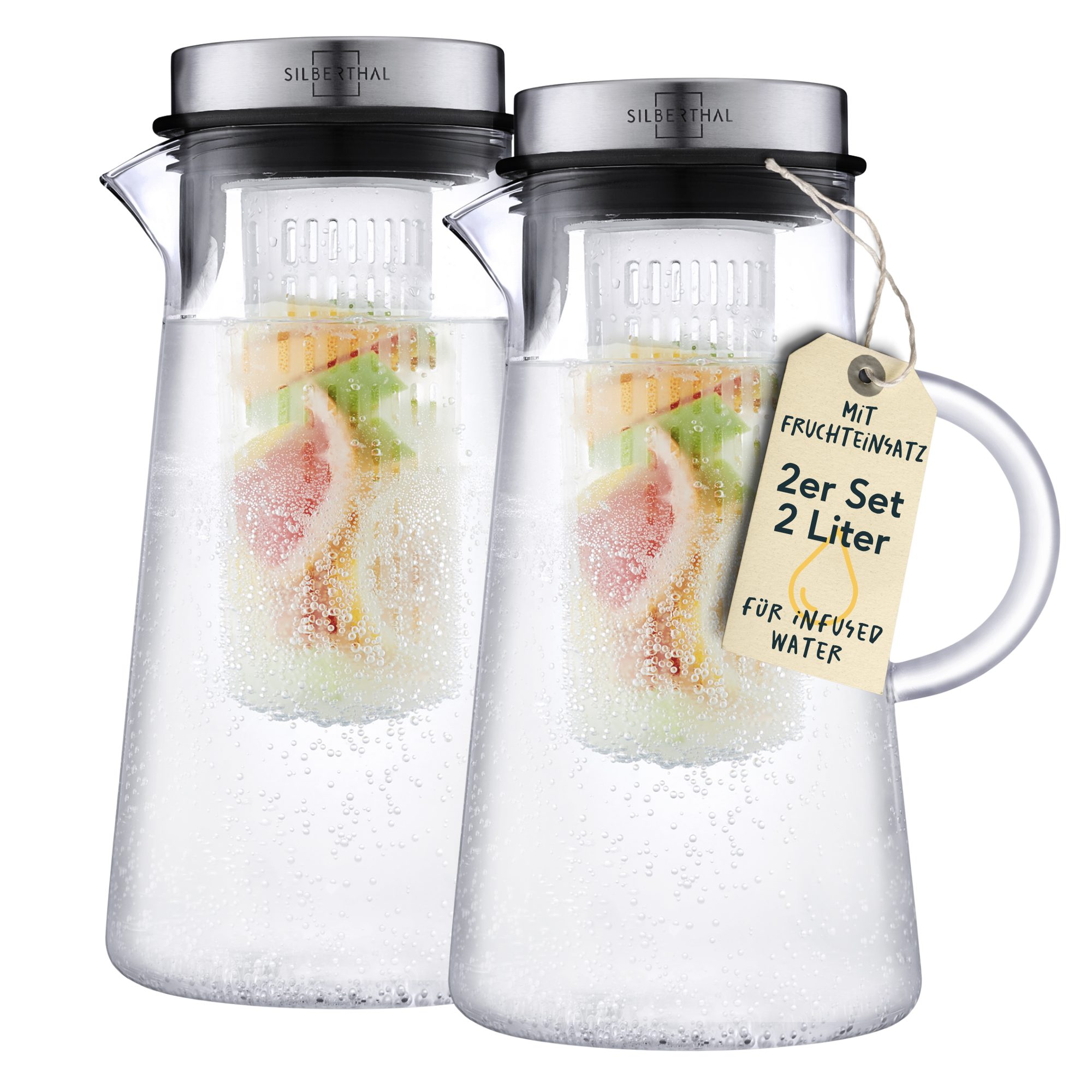 SILBERTHAL Wasserkaraffe Glas mit Deckel 2er Set 2 Liter mit Fruchtsieb & Deckel, (2-tlg), für Kalt- & Heißgetränke