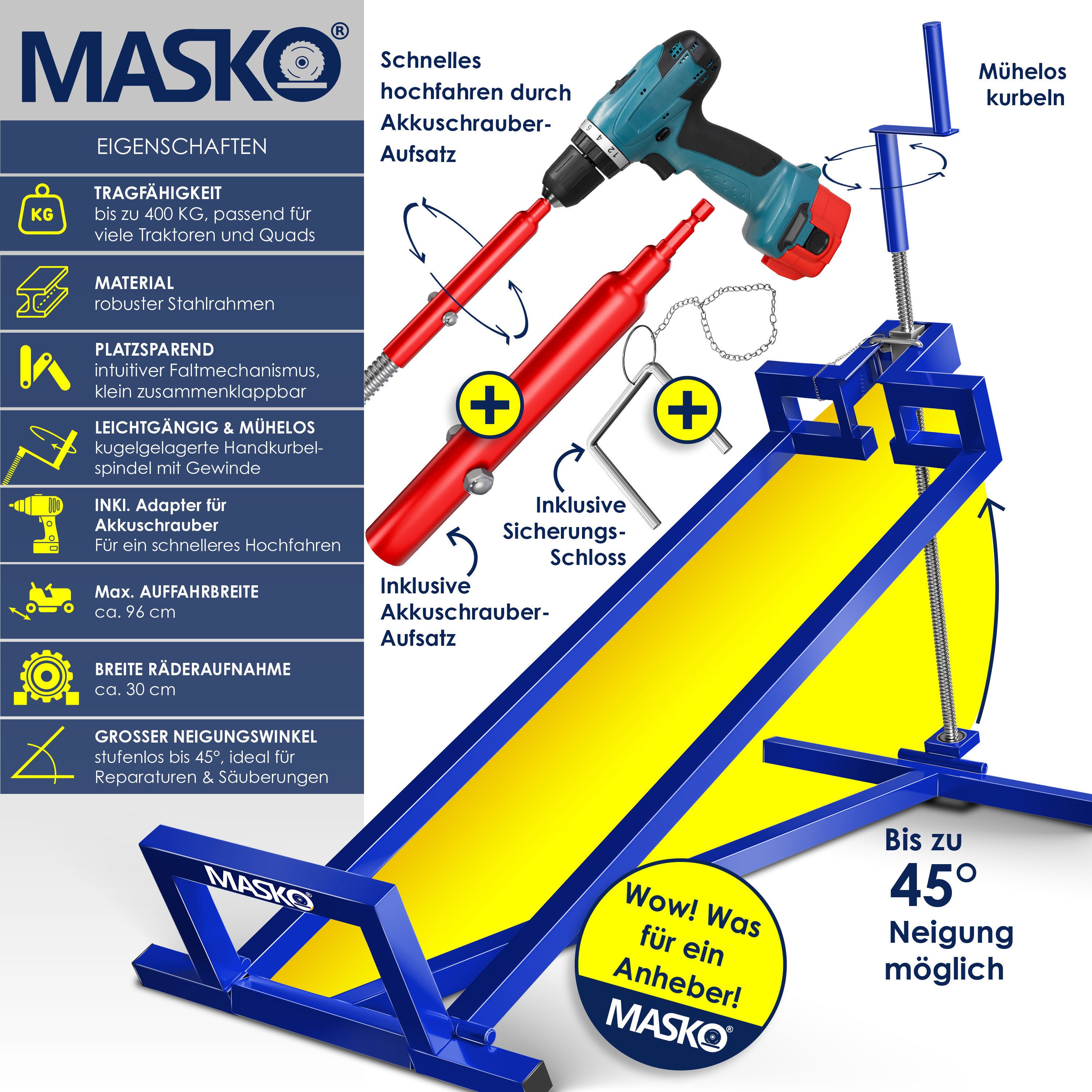 MASKO Rasentraktor Heber 450kg Hebevorrichtung für Aufsitzmäher mit Adapter inkl. Bürste, Rasentraktorheber, universelle Reinigungshilfe, Hebebühne für Quad