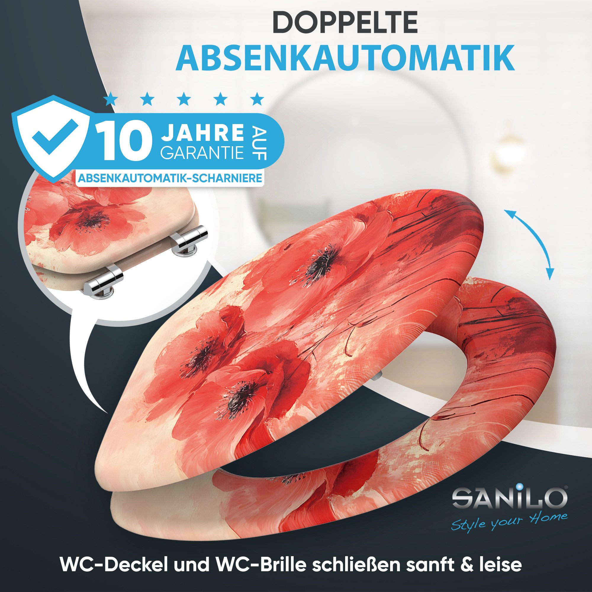 Sanilo WC-Sitz Poppy mit Absenkautomatik, Toilettendeckel direkt vom Hersteller, hochwertig & moderner Klodeckel mit Motiv, universell, leichte Montage