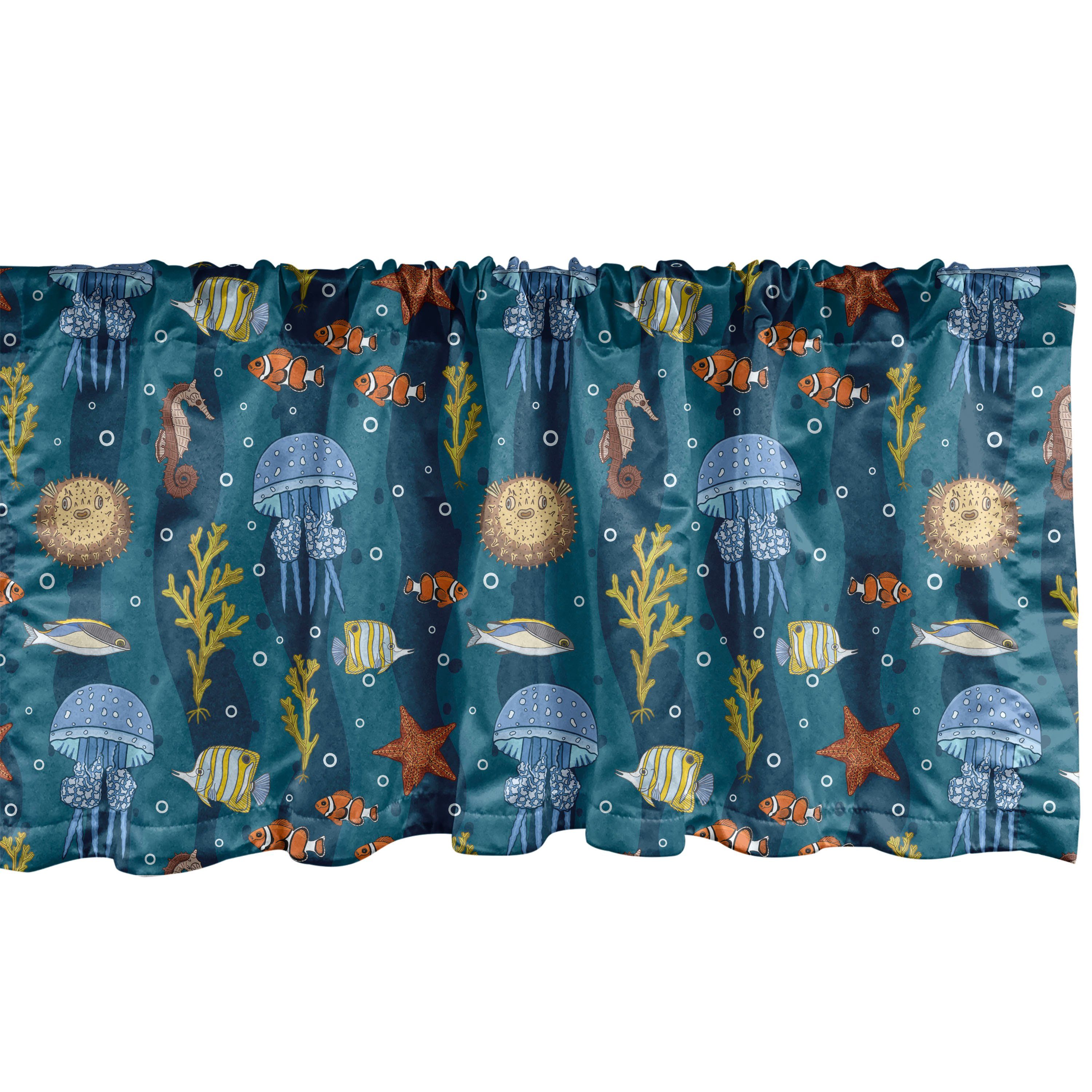 Scheibengardine Vorhang Volant für Küche Schlafzimmer Dekor mit Stangentasche, Abakuhaus, Microfaser, Unterwasser- Deep Sea Tiere Cartoon