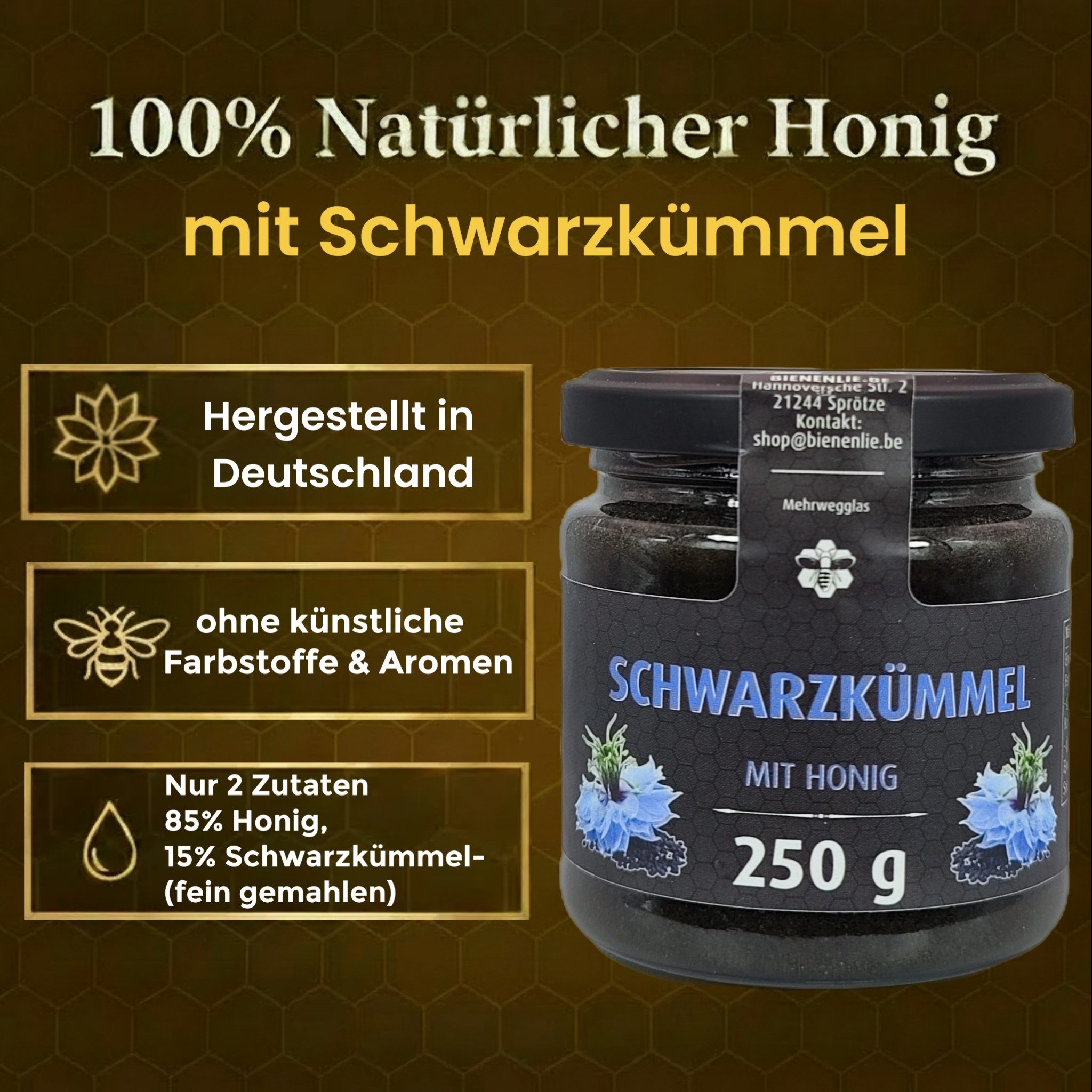 Imkerei BienenLie.be Honig Schwarzkümmel mit Honig - würzig & intensiv, 250g, 1 x 250 g, 1 St.