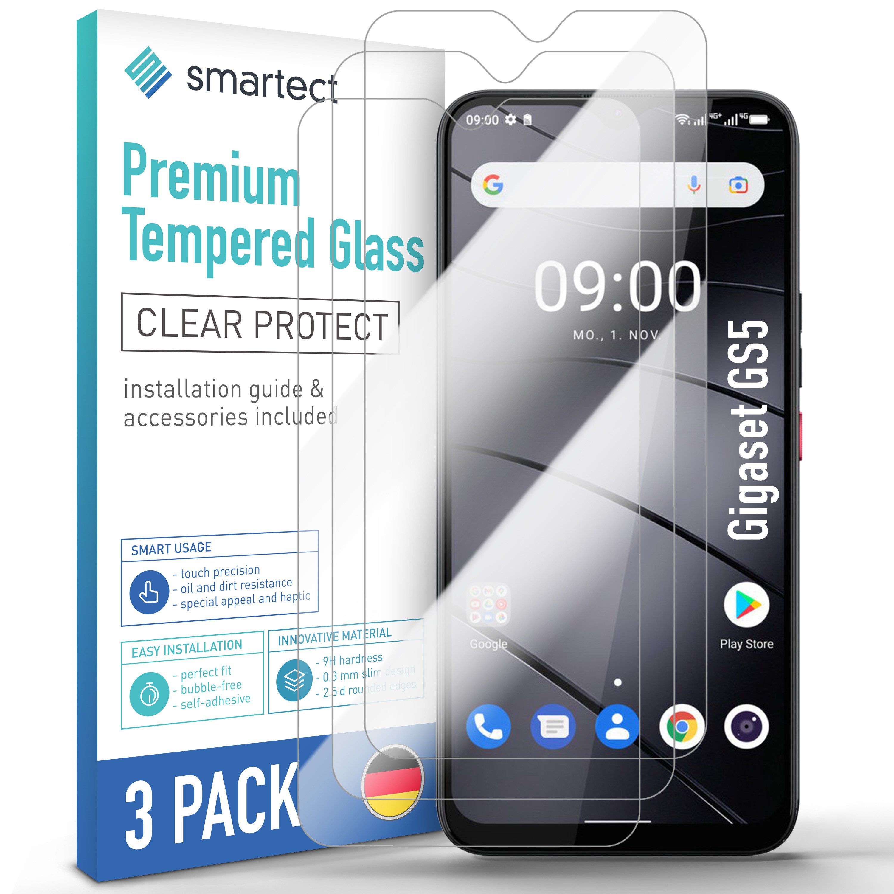 smartect Displayschutzglas Schutzglas Panzerfolie Klar für Gigaset GS5/GS5 Lite/GS5 Senior/GS4/GS290, Set, 3 Stück, Schutzfolie Glasschutz