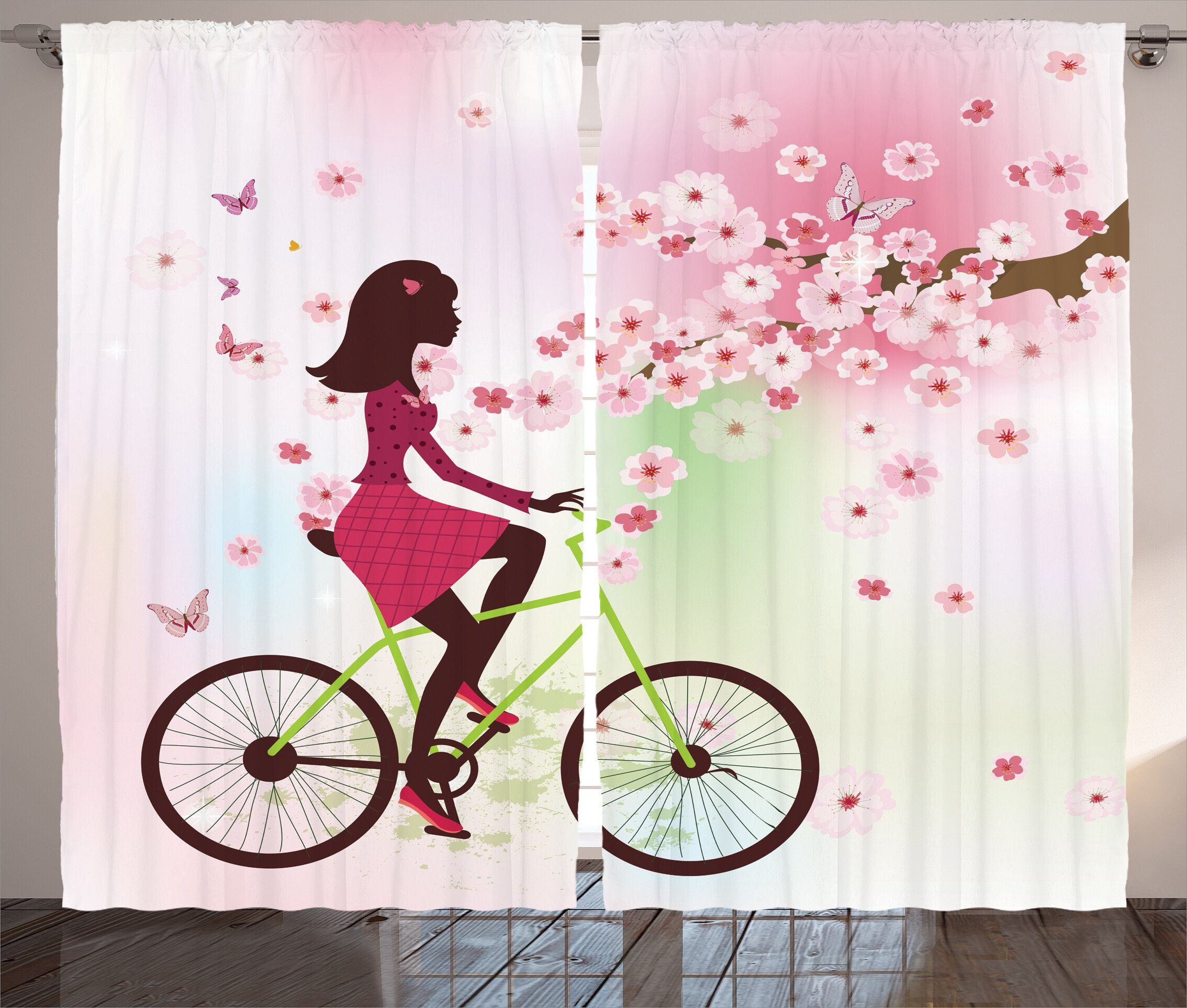 Gardine Schlafzimmer Kräuselband Vorhang mit Schlaufen und Haken, Abakuhaus, Feminin Kirsche Bloom Lady Bike