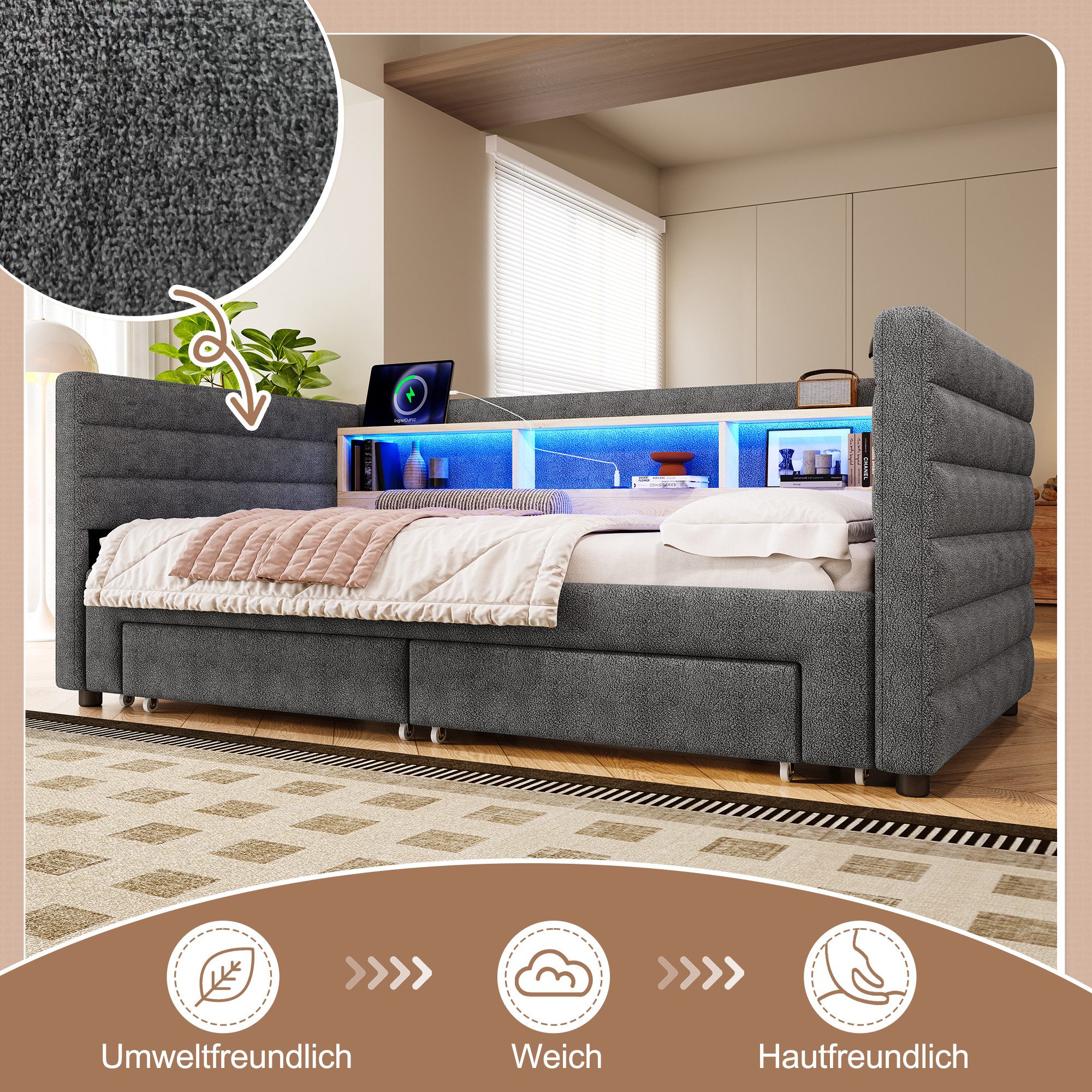 OKWISH Daybett Tagesbett,Sofabett,mit 2 Schubladen, Schlafsofa (mit LED-Bel günstig online kaufen