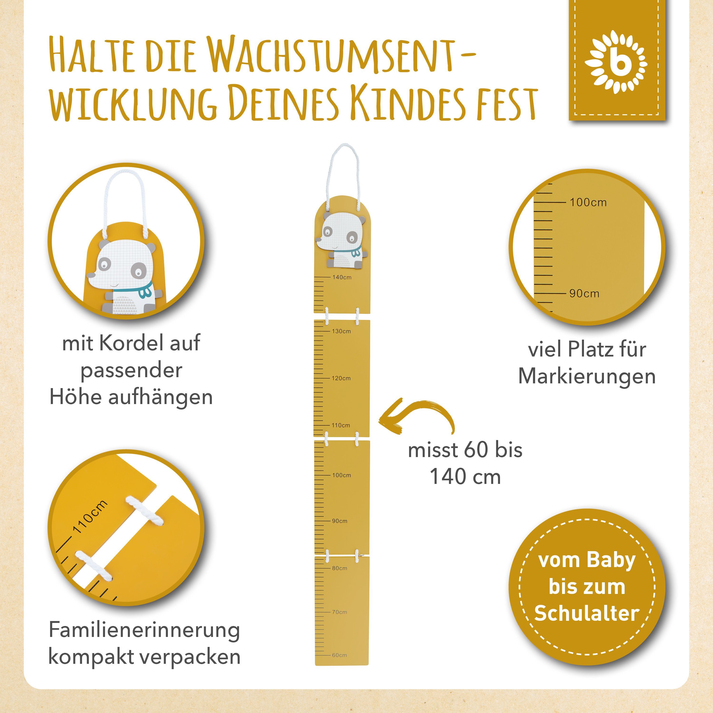 BIECO Messlatte Bieco Holz Messlatte Kinder Panda Skala 0,6-1,4m Wand Dekoration