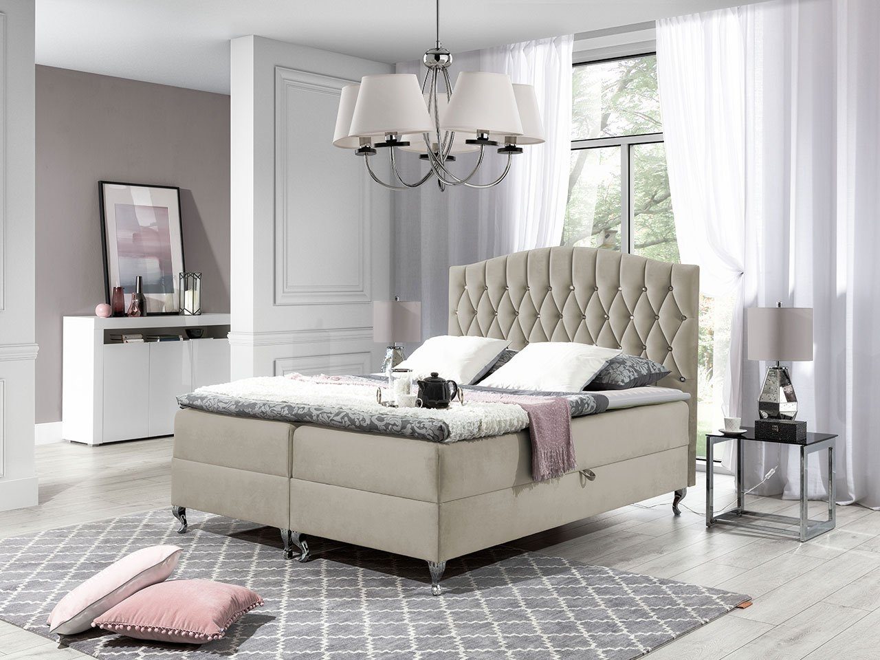 MIRJAN24 Boxspringbett Puerto (Bettgestell mit Kopfteil, Matratze, Topper), Stilvoll Doppelbett mit 2 Bettkästen