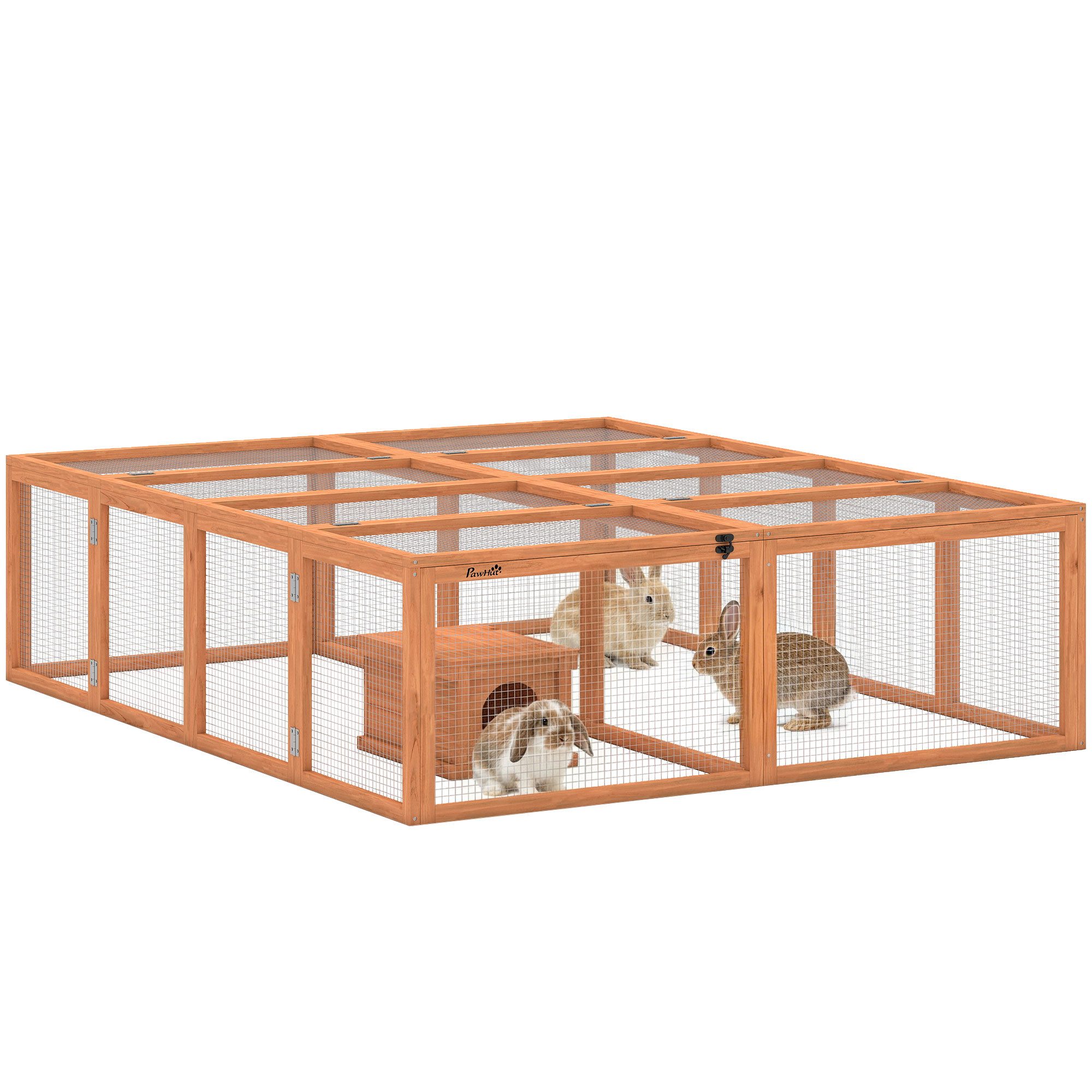 PawHut Kleintierstall Kaninchenstall aus Holz mit 2 Türen Unterschlupfhaus, für 2-4 Zwergkaninchen Zwergmeerschweinchen 180,4x150x48 cm Orange