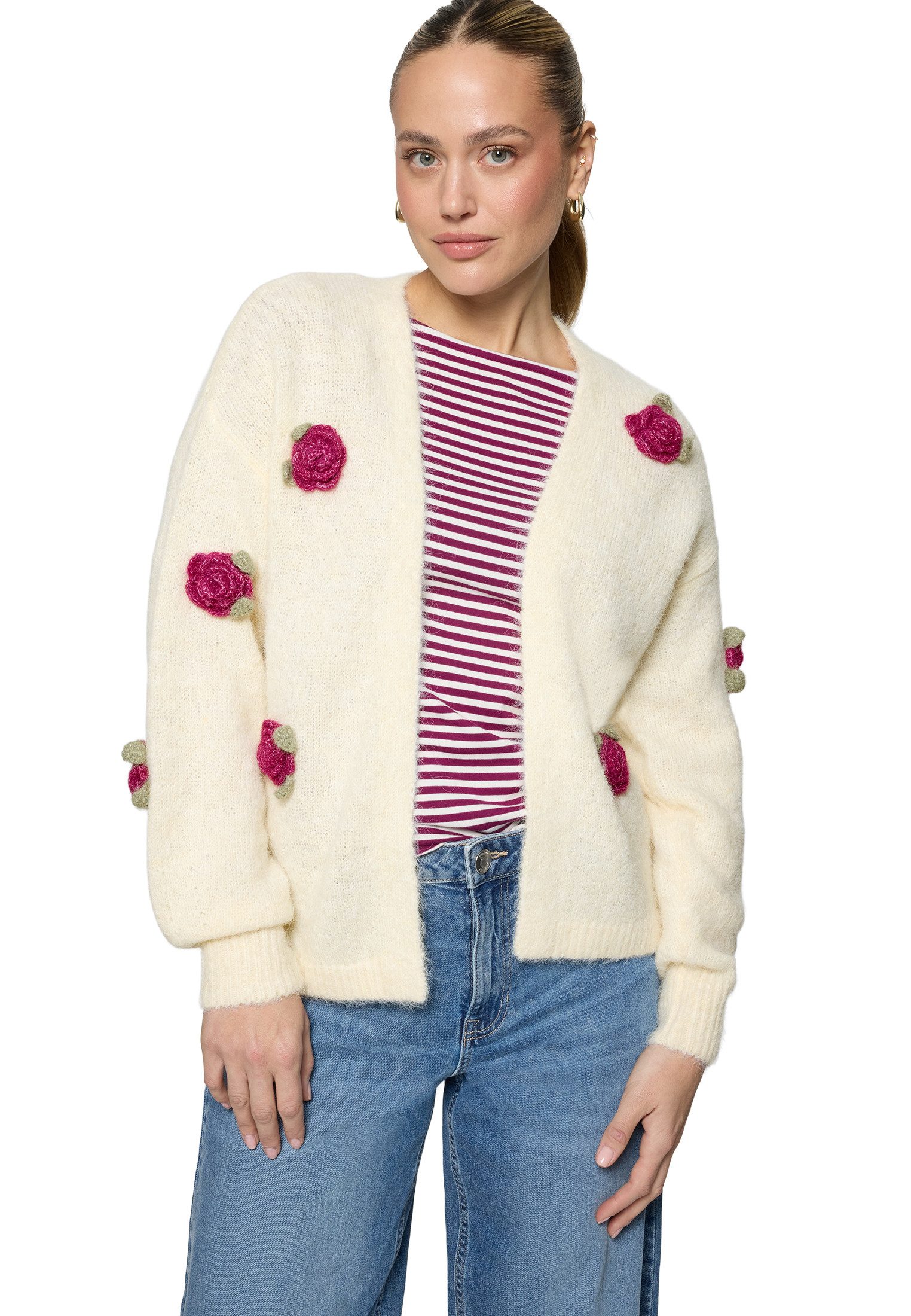 Zero Strickjacke Damen mit bunten 3D Blumen (1-tlg) Knopfleiste günstig online kaufen