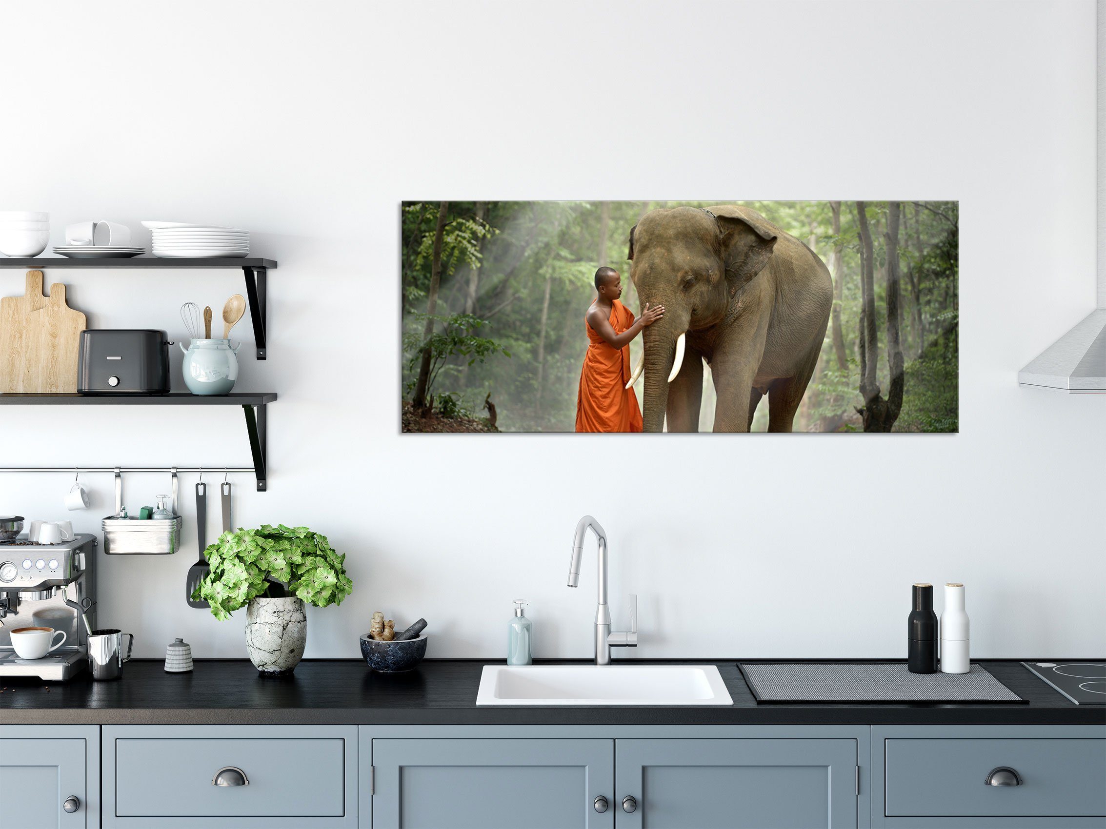 Pixxprint Glasbild wunderschöner Elefant mit aus wunderschöner Elefant (1 mit Mönch, inkl. und Aufhängungen Abstandshalter St), Mönch Echtglas, Glasbild