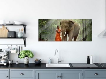 Pixxprint Glasbild wunderschöner Elefant mit Mönch, wunderschöner Elefant mit Mönch (1 St), Glasbild aus Echtglas, inkl. Aufhängungen und Abstandshalter