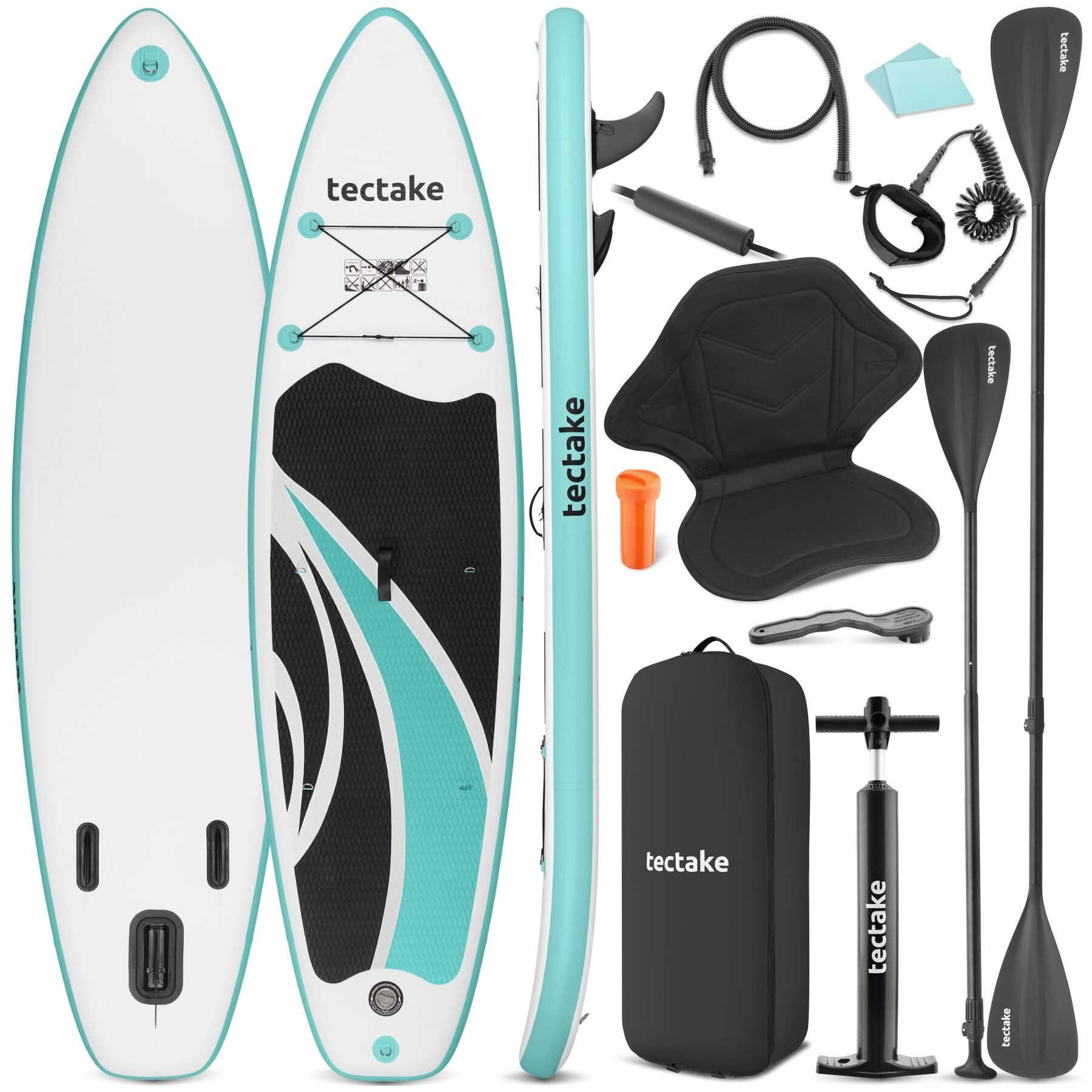 tectake SUP-Board Aufblasbares Paddle Board mit Kajak-Sitz, bis 200 kg, rutschfest, Stand-up Paddle, (Aufblasbares Stand up Paddle Board Zenon, in Weiß/türkis), Verstellbares Doppelpaddel, Inkl. Zubehör für flexiblen Einsatz