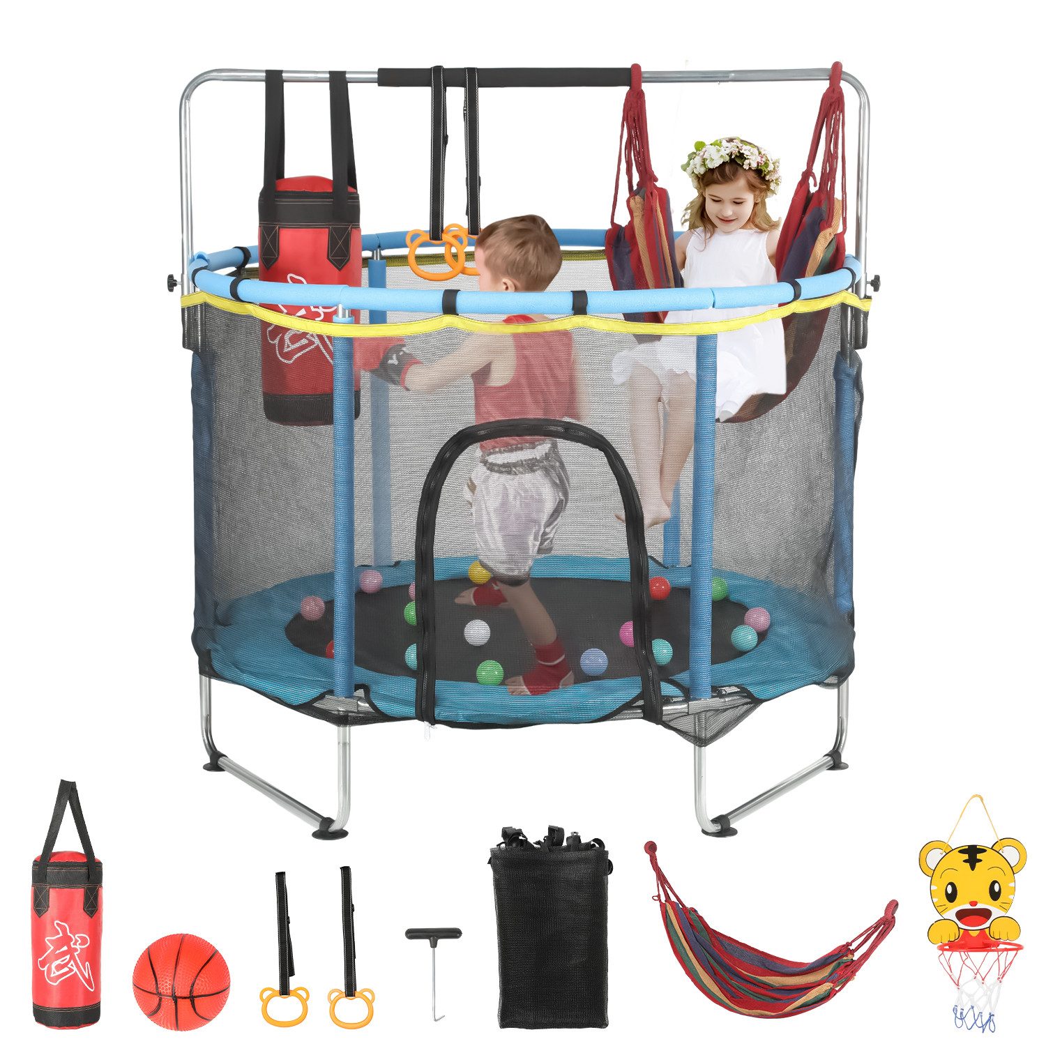 kehot Kindertrampolin Kinder Trampolin mit Sicherheitsnetz,Turnstange, Innen-/Außenbereich, Ø 140 cm, mit 10 kleine Bälle,2 Hängeringe,1 Basketballset,Schaukel,Sandsack