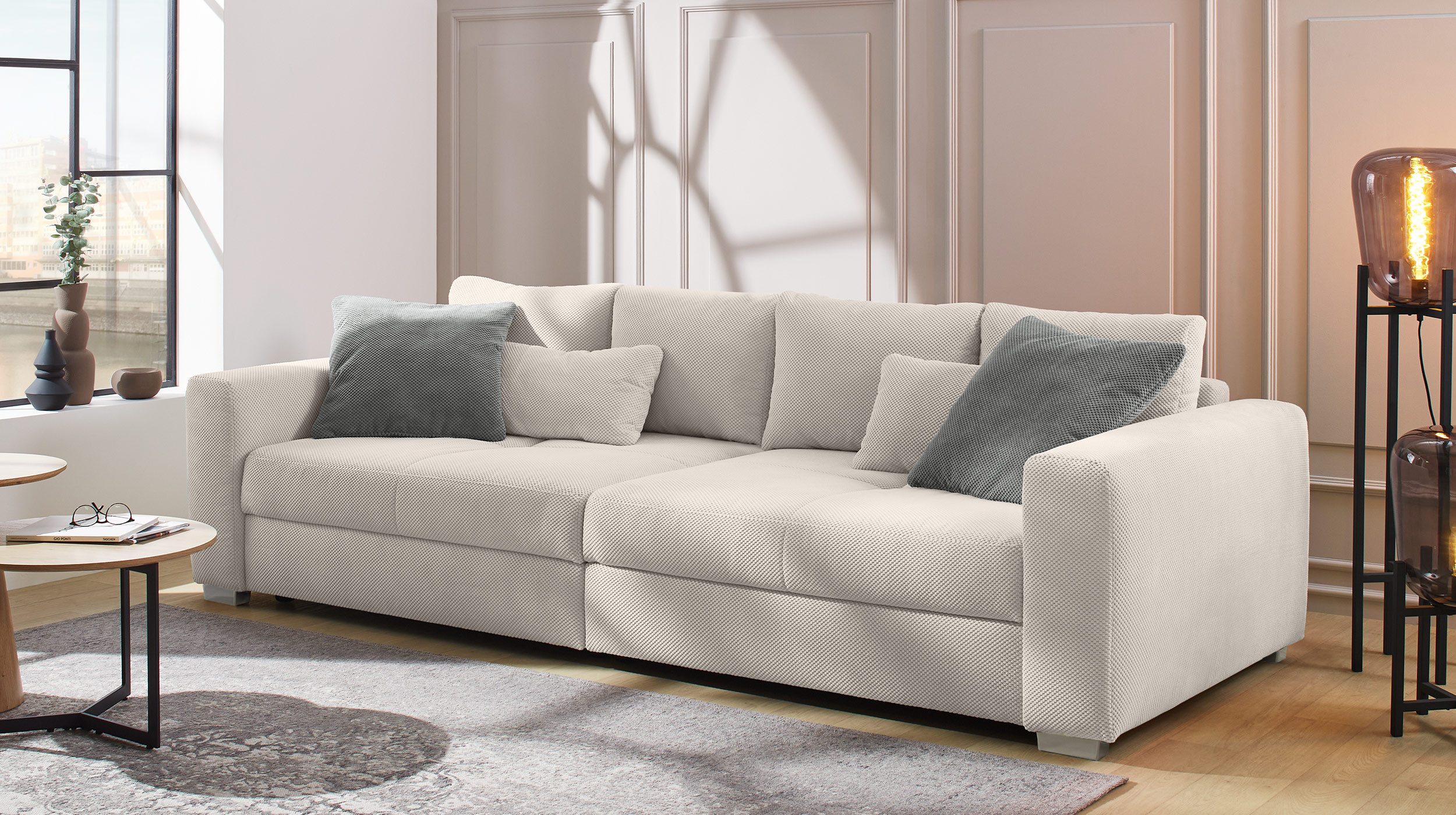 Massivart® Big-Sofa MARA Cord hellbeige / 287 cm / Bezug in Waffelcord / 4-Sitzer, Bonell - Federkern Polsterung, Chromfüße
