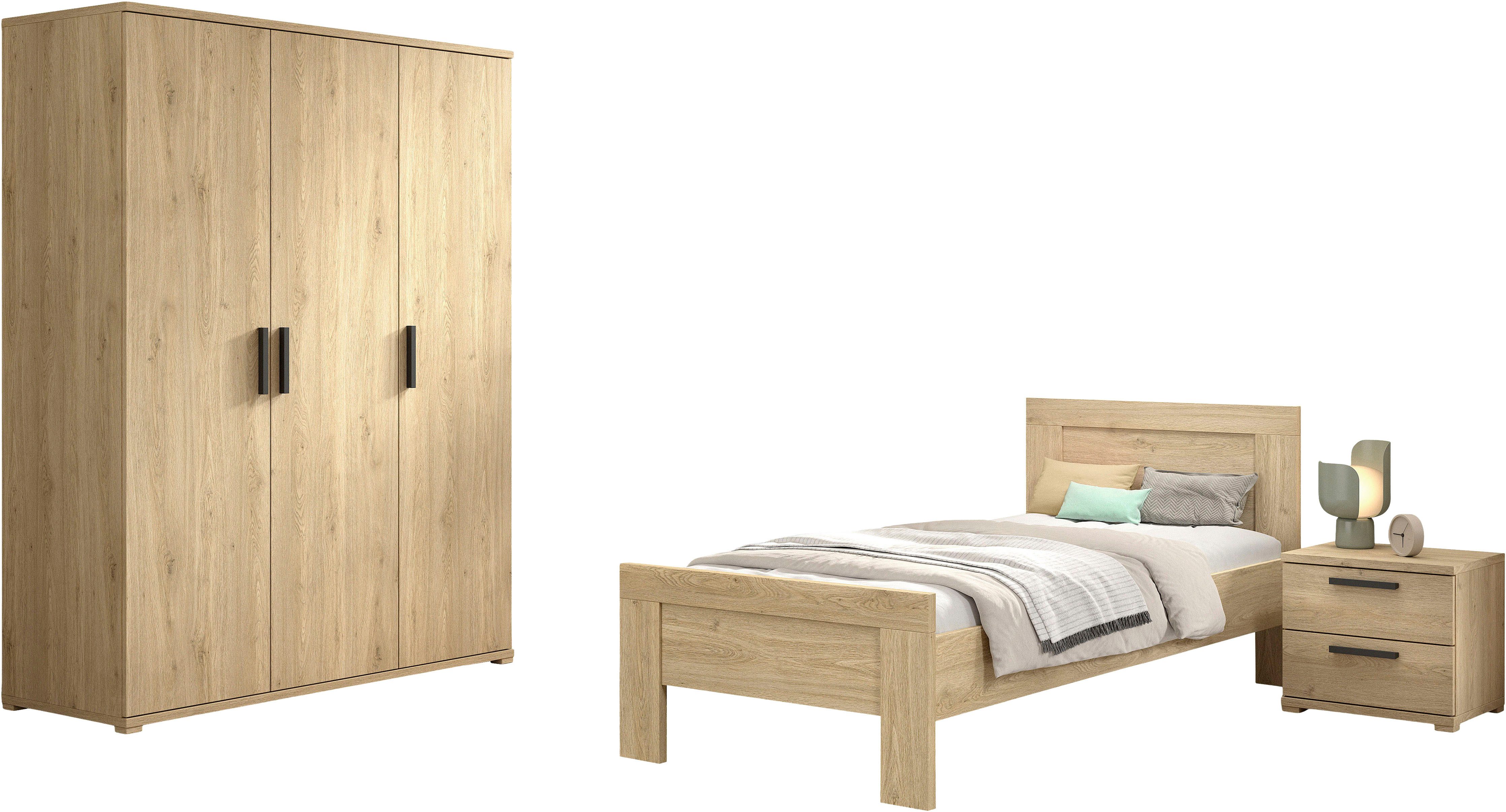 Vipack Jugendzimmer-Set SAM - Bett, Nachtkonsole, Kleiderschrank 3-trg., gradliniges Design, (3-tlg., Schubladen auf Metallauszug, Kleiderschrank 3-trg. mit viel Stauraum), die Oberfläche ist pflegeleicht, in der Ausführung Eiche Dekor