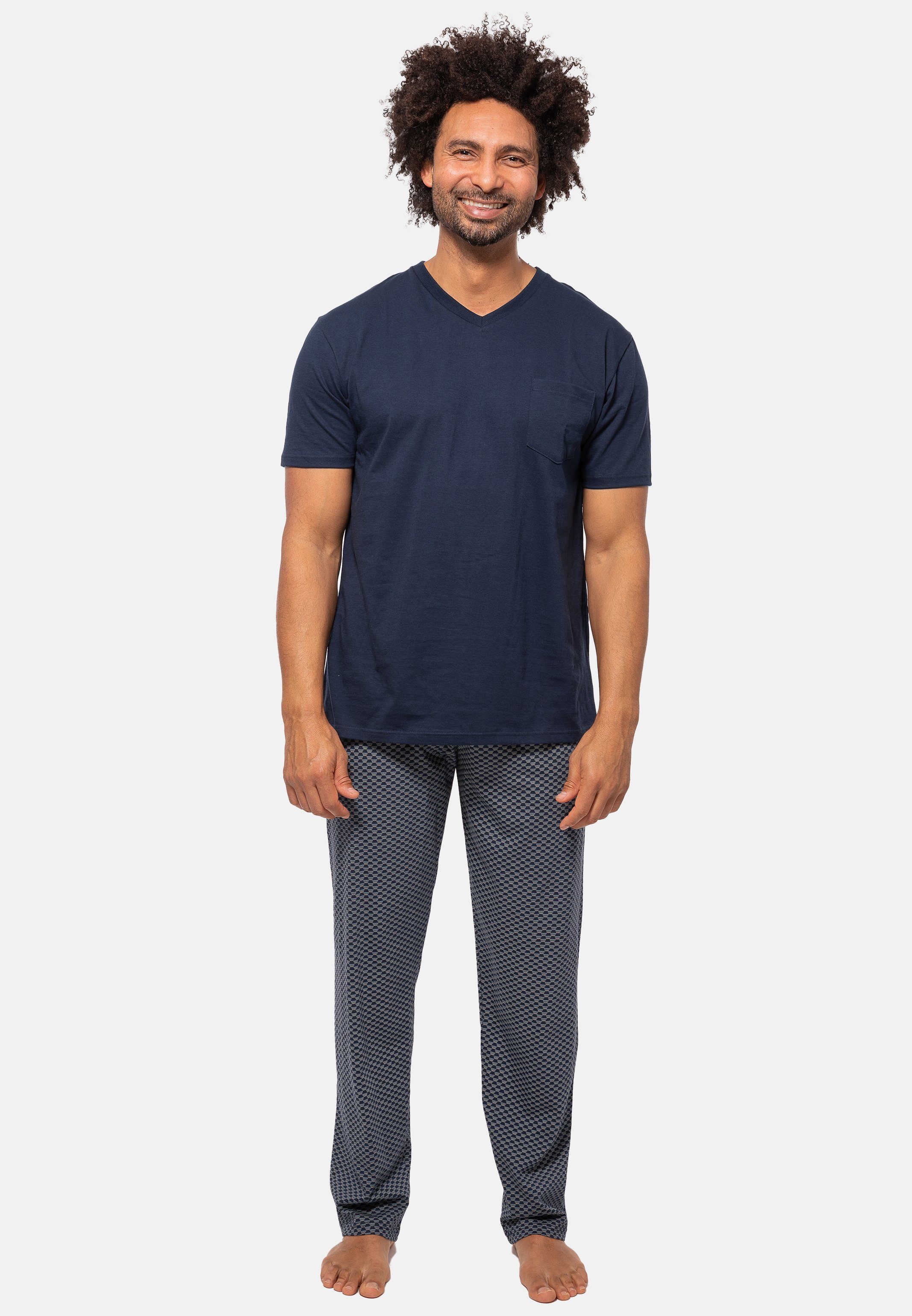 Ammann Pyjama Organic Cotton (Set, 2 tlg) Schlafanzug - Baumwolle - Set aus Kurzarm Shirt und langer Hose Blau gemustert
