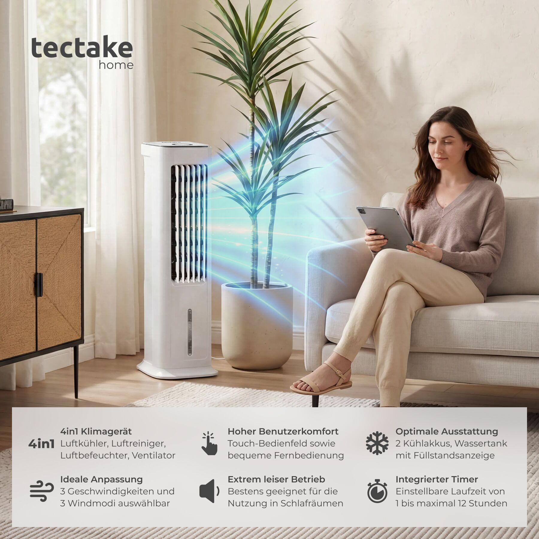 tectake Tischventilator Luftkühler Alaska in weiß, leise, 3 Modi, Inkl. Fernbedienung, 4in1, 5 l Wassertank, 12-Stunden-Timer, Touch-Display, energiesparend