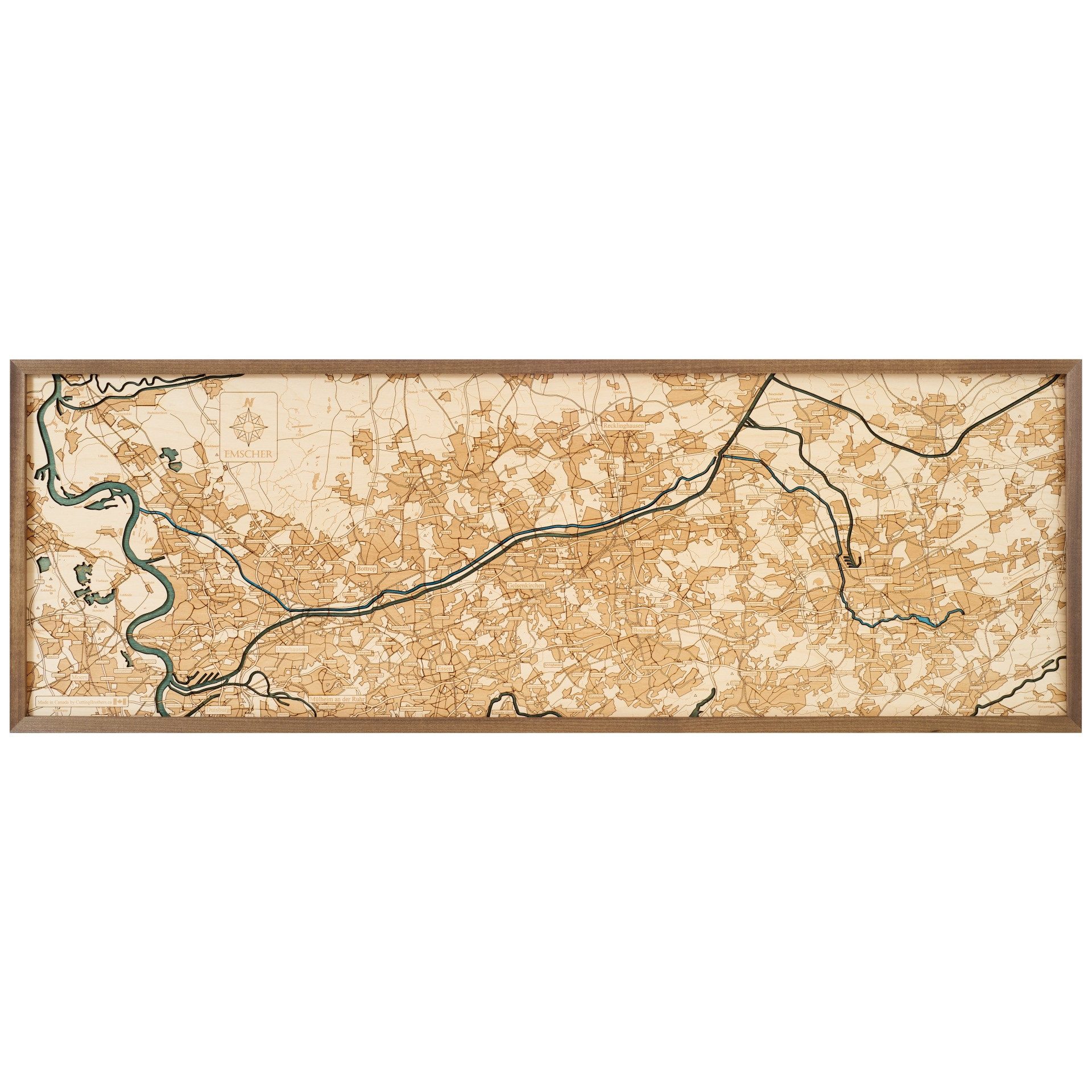 Cutting Brothers Holzbild Emscher 122x40.5 cm, 3D Holz-Wandkarte, handgefertigt aus Echtholz