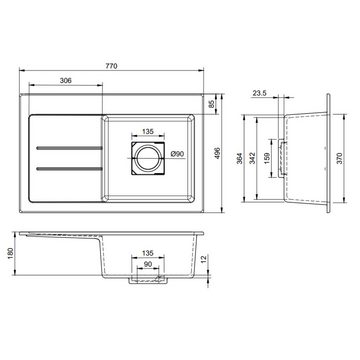 QLS Küchenspüle Qube 1.0 Links, Granit-Spülbecken, 78 x 49,6 cm Einzelbecken Spülwaschbecken Einbauspüle Abtropffläche