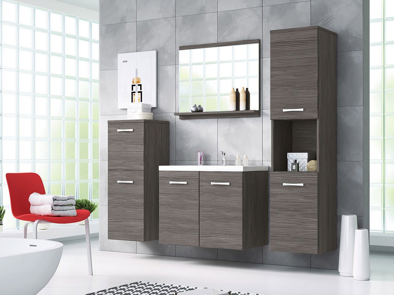 MIRJAN24 Badmöbel-Set Malo, (5er-Set, Waschbeckenschrank, Hochschrank, Hängeschrank, Spiegel, Waschbecken), Modernes Badezimmer, Komplett