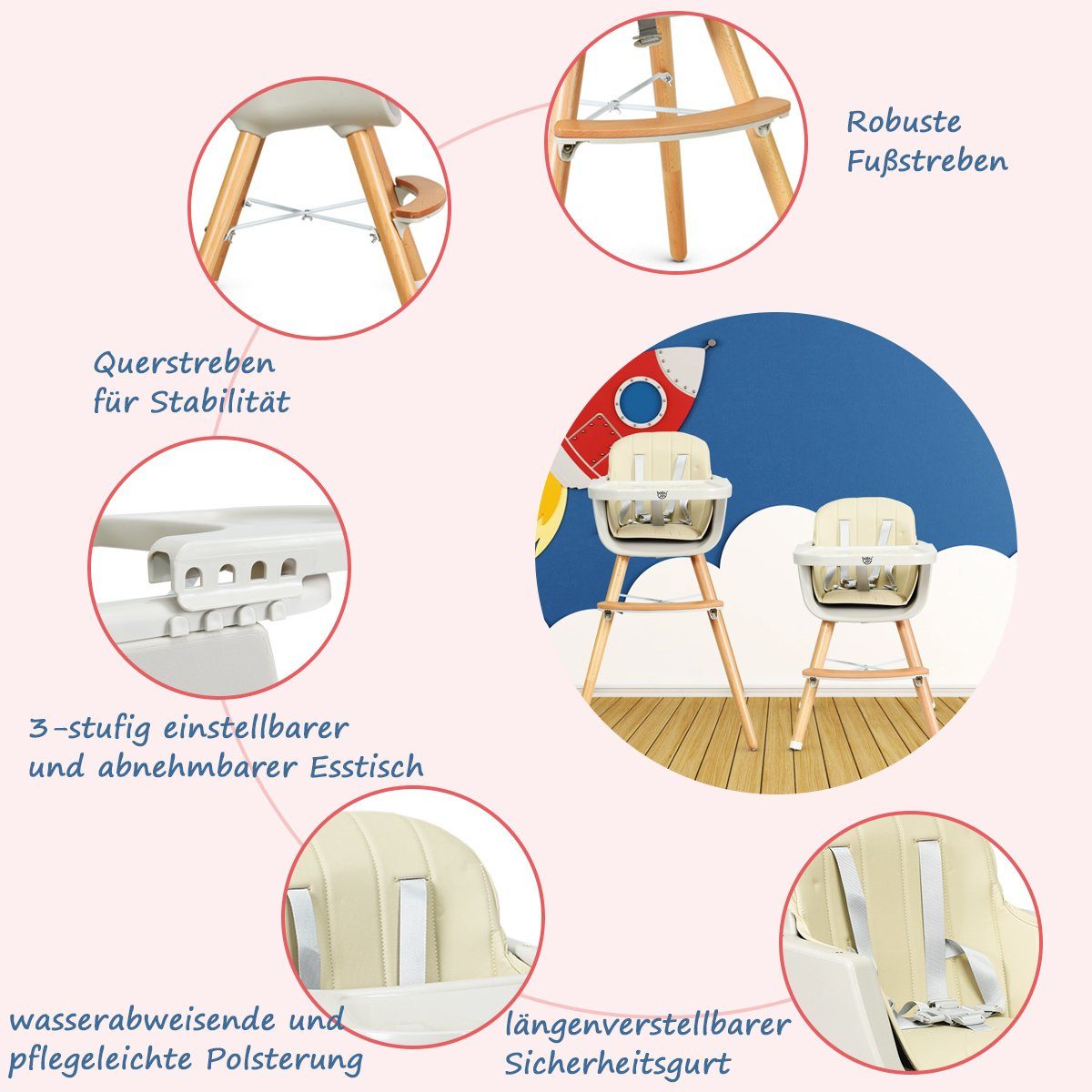 Beige COSTWAY Kinderhochstuhl, einstellbares Hochstuhl Esstischchen mit