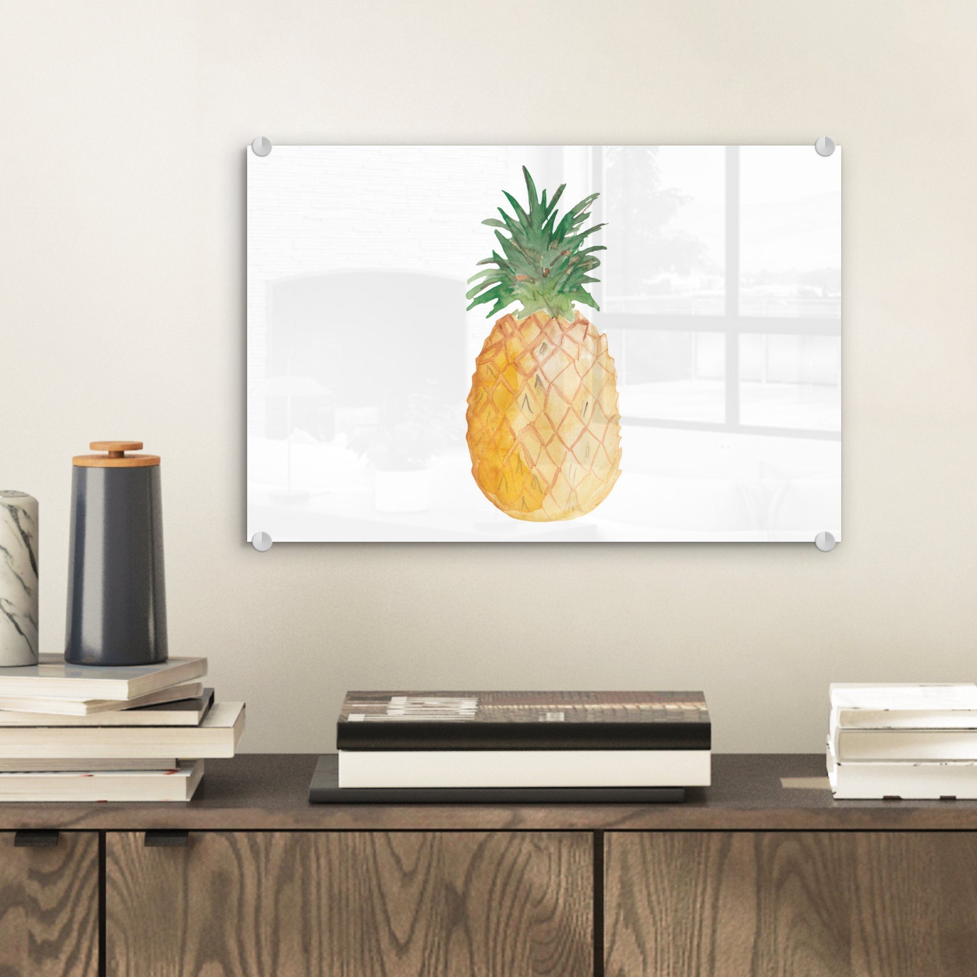 MuchoWow Acrylglasbild - Bilder auf St), Ananas auf Glas Foto Wanddekoration Obst - - Glas (1 - - Weiß, Glasbilder Wandbild