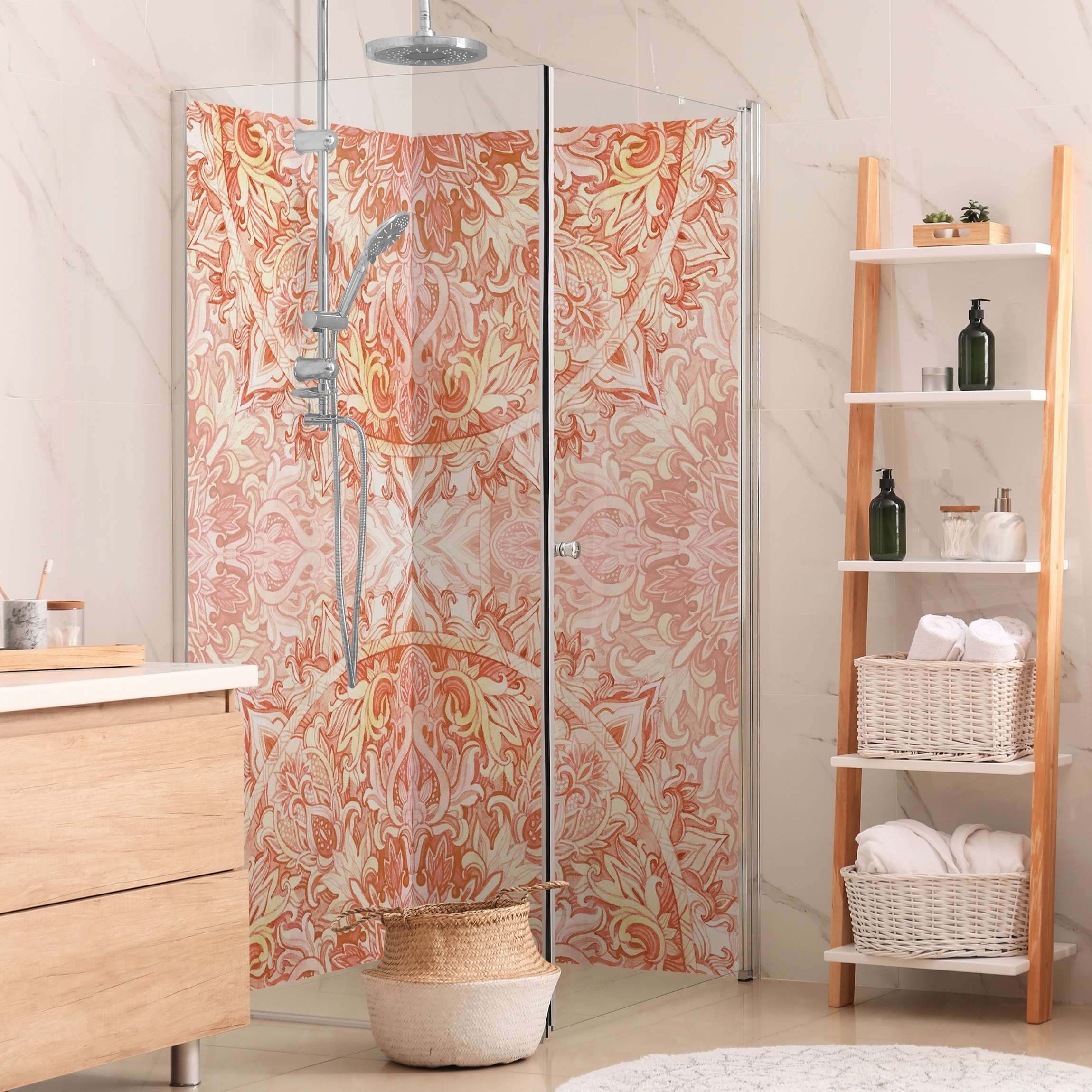 Bilderdepot24 Duschrückwand Mandala orange Duschrückwand ohne Bohren Dusche Aquarell, (2-tlg., 0,61 mm starke Folie selbstklebend Wandpaneele Dusche versch. Größen), fugenlose & wasserfeste Motiv Rückwand Wandverkleidung für Duschkabine